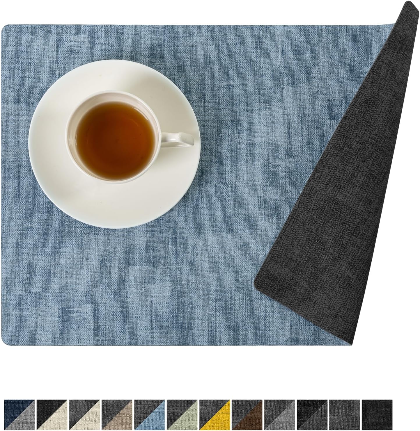 Romanstile Reversible Vinyl Placemats Set of 6, Faux Leather 100% Waterproof Oil-Proof Wipeable Place Mats, Heat Resistant Dual Sided Table Mats for Kitchen/Dining/Party (Grey Sky Blue, 12 x 17 Inch)