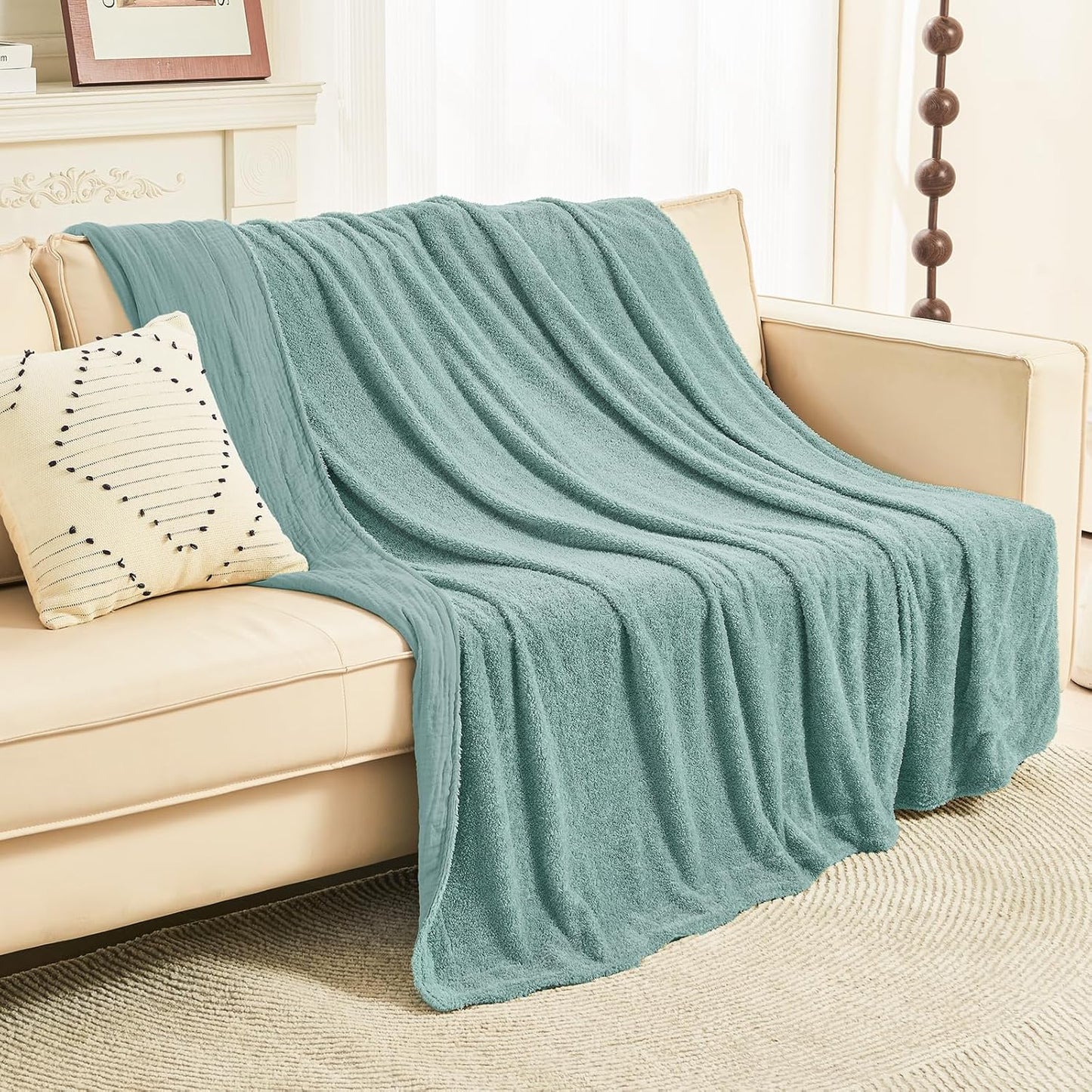 EMME Muslin and Fleece Queen Blanket Reversible - 80"*90" Teal Soft Warm Throw Blankets for Couch Bed Picnic Travel Bed