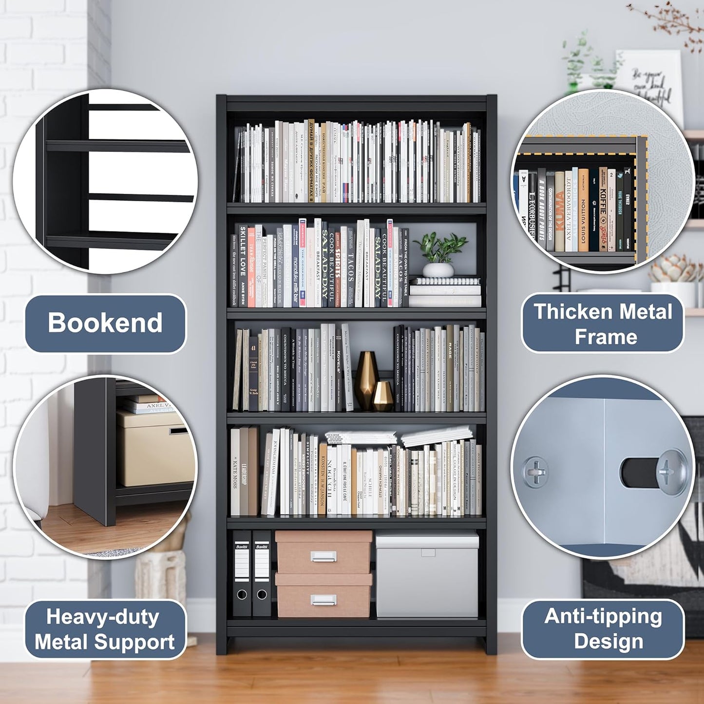 Bookshelf, 5 Shelf Bookcases, Tall Bookcase for Heavy Books, CDs, Movies, Garage Kit, Modern Display Shelf for Library Home Office Bderoom Living Room, Metal Bookshelves Industrial Black