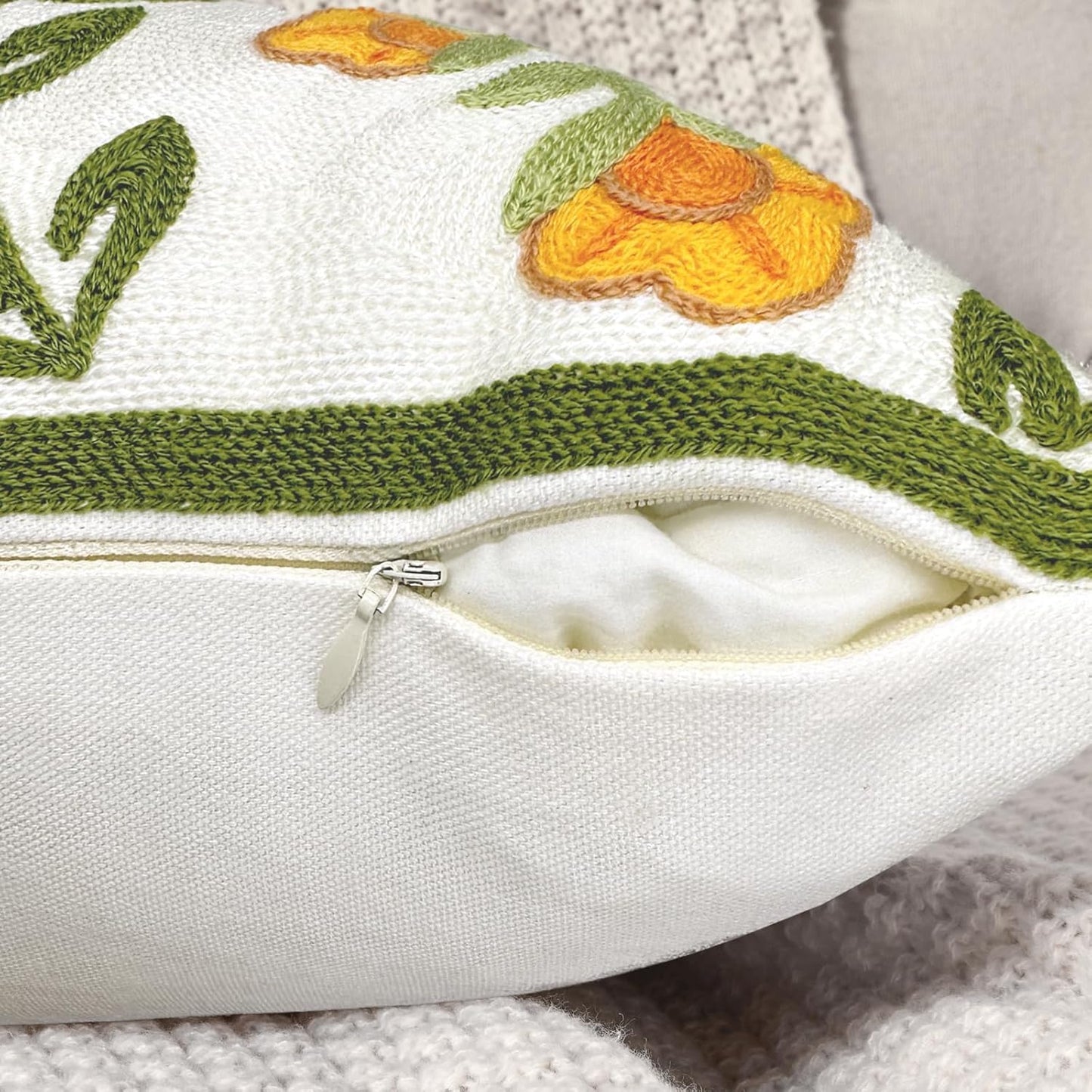 Alysheer Floral Embroidered Summer Decorative Throw Pillow Covers 18"x 18" Set of 2, Farmhouse Cottage Orange Flowers Green Leaves Knit Patterned Cotton Canvas Cushion Case for Couch Bed Living Room