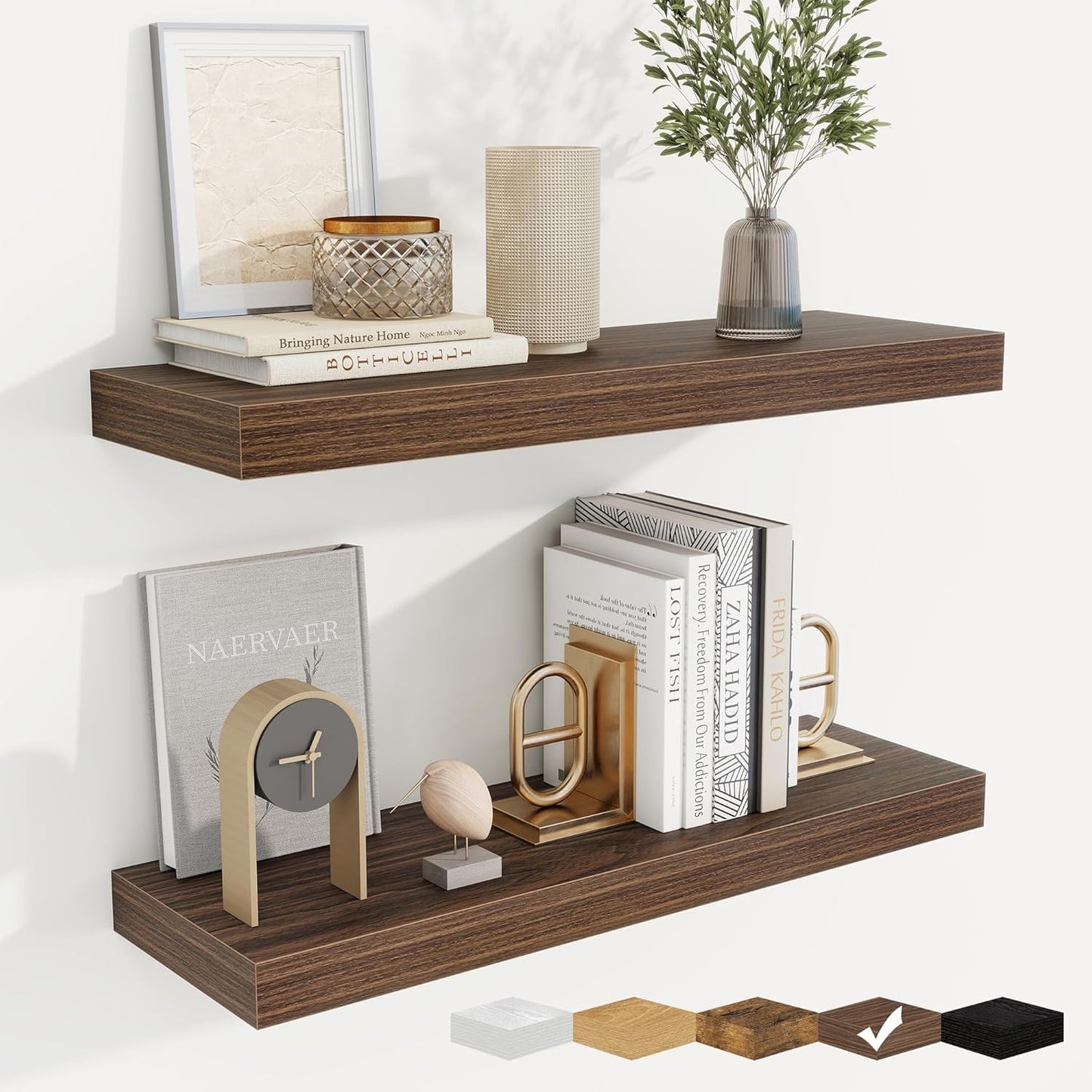 fuqing Floating Shelves for Wall, Bathroom Shelf Wall Mounted for Storage, Shelves with Invisible Bracket for Bedroom, Kitchen, Living Room, Farmhouse Small Book Shelf, 24 Inch Set of 2, Walnut