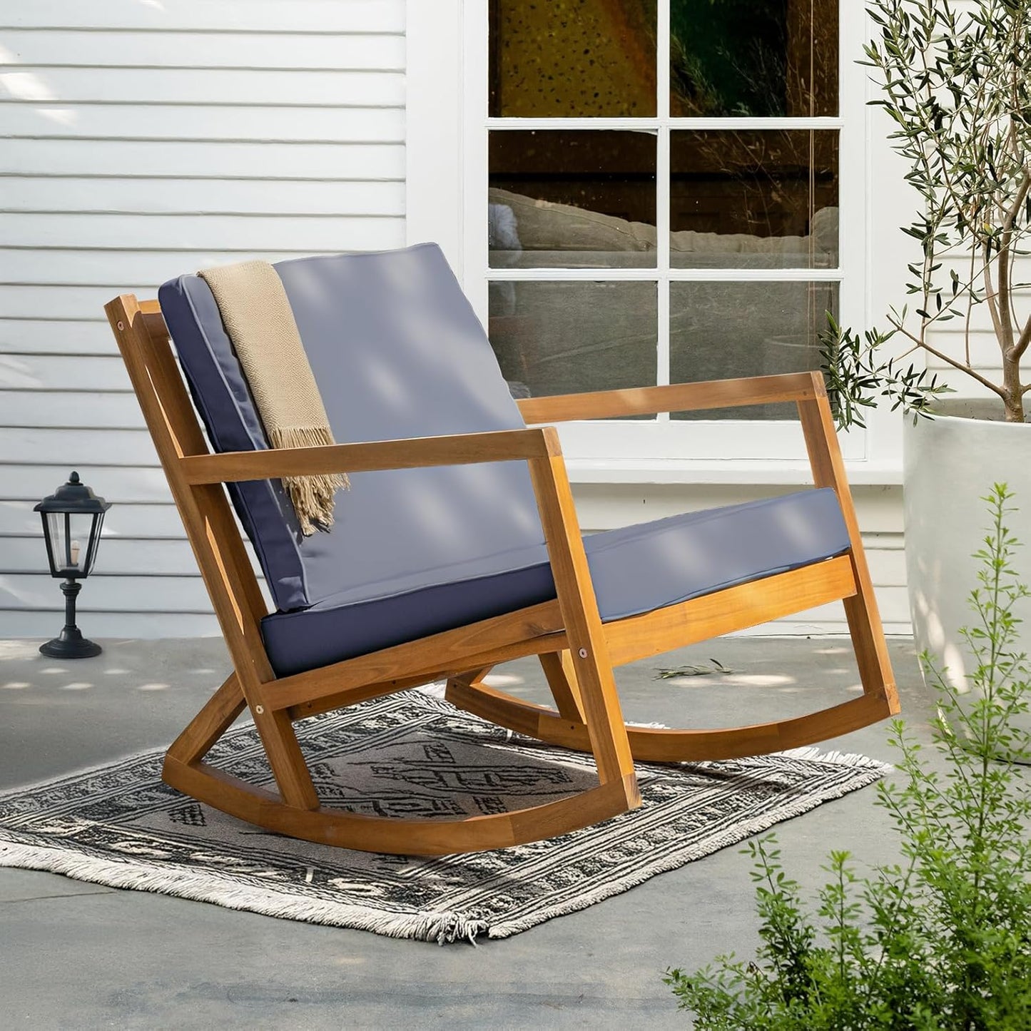 IDZO Club Rocking Chair 500lbs Capacity with Inclined Backrest, Thick Foam Cushion, Solid Acacia Wood Rocker for Patio, Backyard, Balcony, Porch, Grey