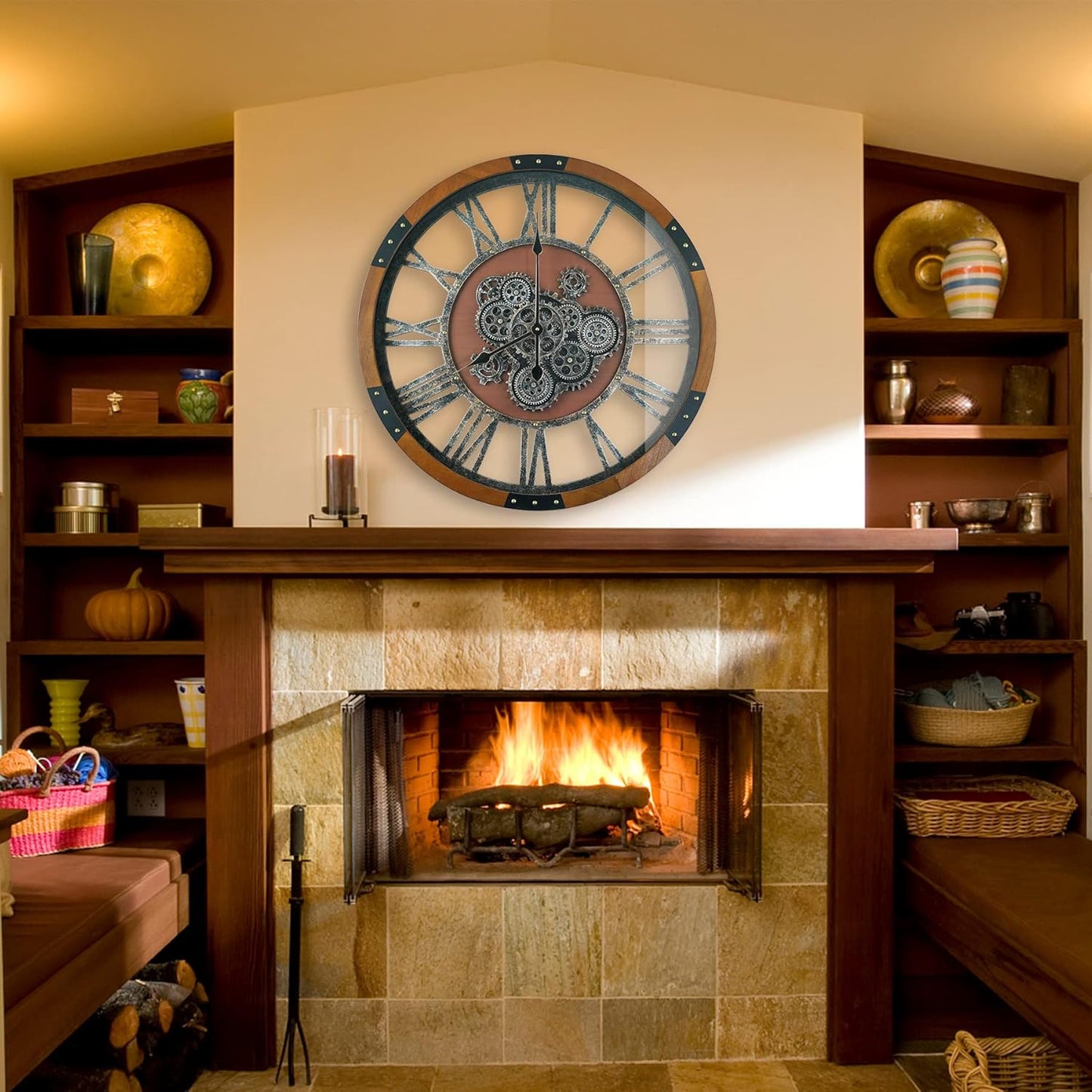 24 Inch Moving Gear Wall Clock, Oversized Wall Clocks, Clock Living Room Decor, Solid Wood Frame, Battery Operated, Large Wall Clock with Steampunk Industrial for Fireplace(Machilus)