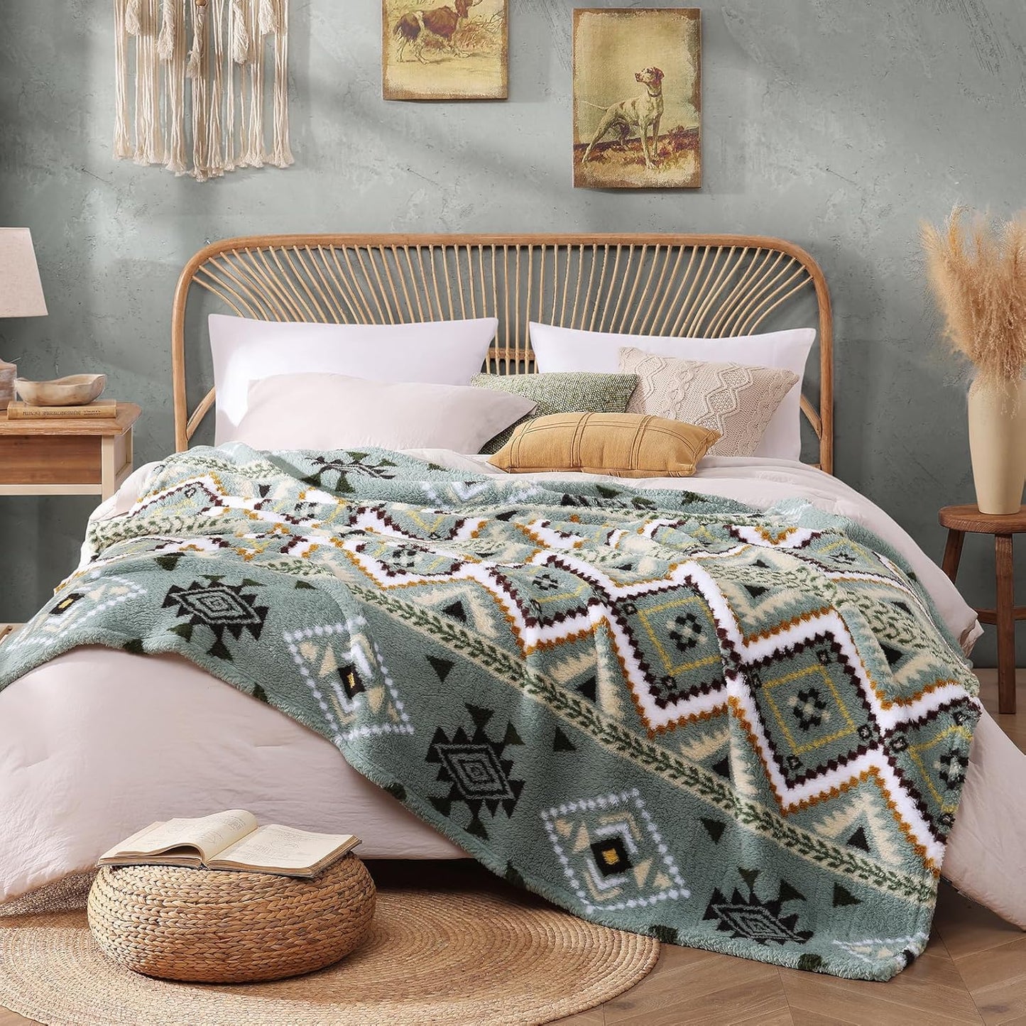 CASAAGUSTO Boho Sherpa Blanket, Aztec Twin Blanket,Ultra Soft, Warm, Cozy, Plush, Thick Fleece Throw Blanket for Couch, Bed, Sofa (Olive Green 60 * 80 Inch)