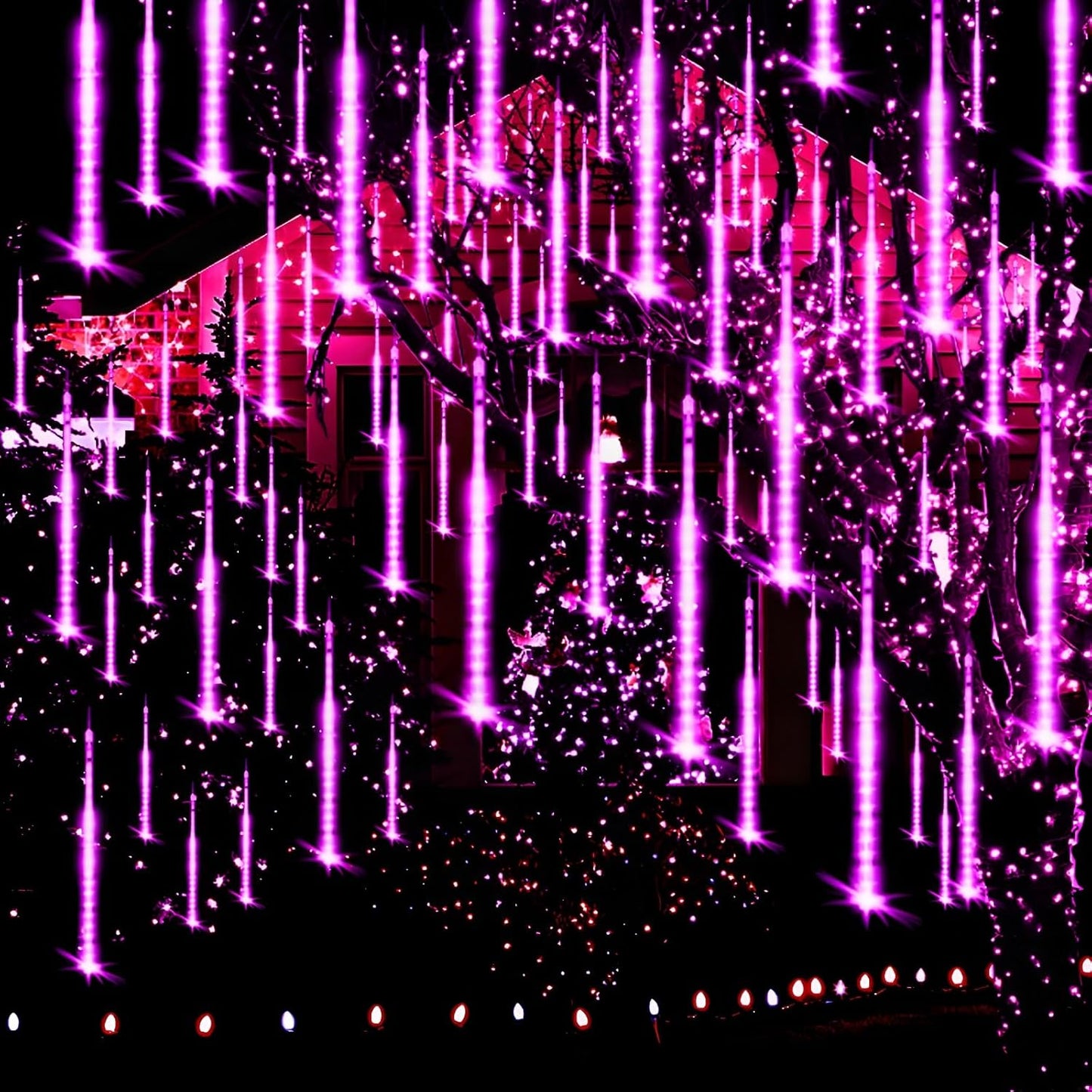 Purple Christmas Lights Outdoor Meteor Shower Lights 8 Tubes 192 LED Falling Rain Dripping Icicle Light for Xmas Christmas Decor Halloween Decorations, Halloween Light Outdoor, UL Plug