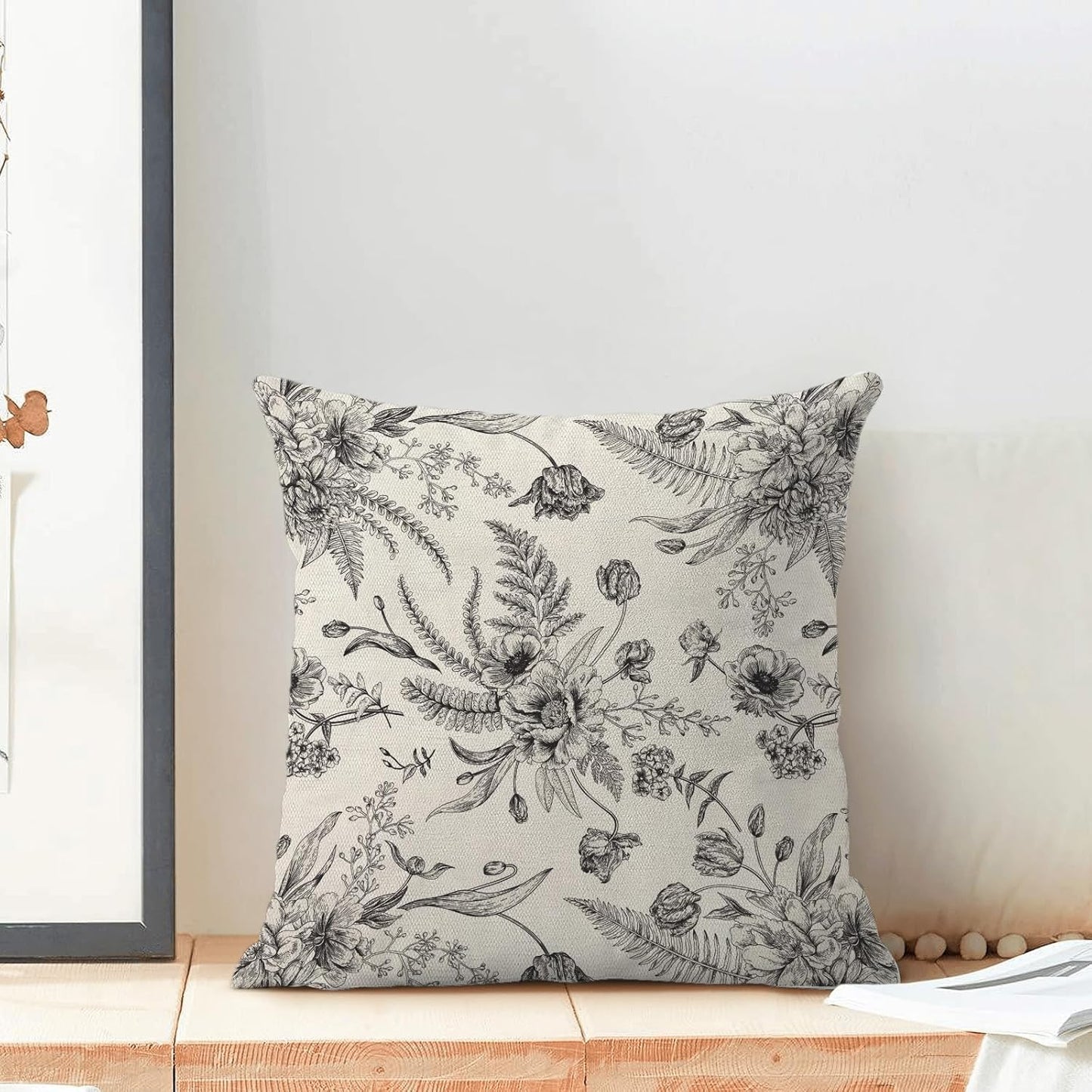 CXMEIFLY Spring Floral Leaves Pillow Covers 24 x 24 Inch Set of 2 for Chinoiserie Flowers Decor Throw Pillows Black and White Seasonal Plant Outdoor Decorative Cushion Cases for Couch Bed Decorations