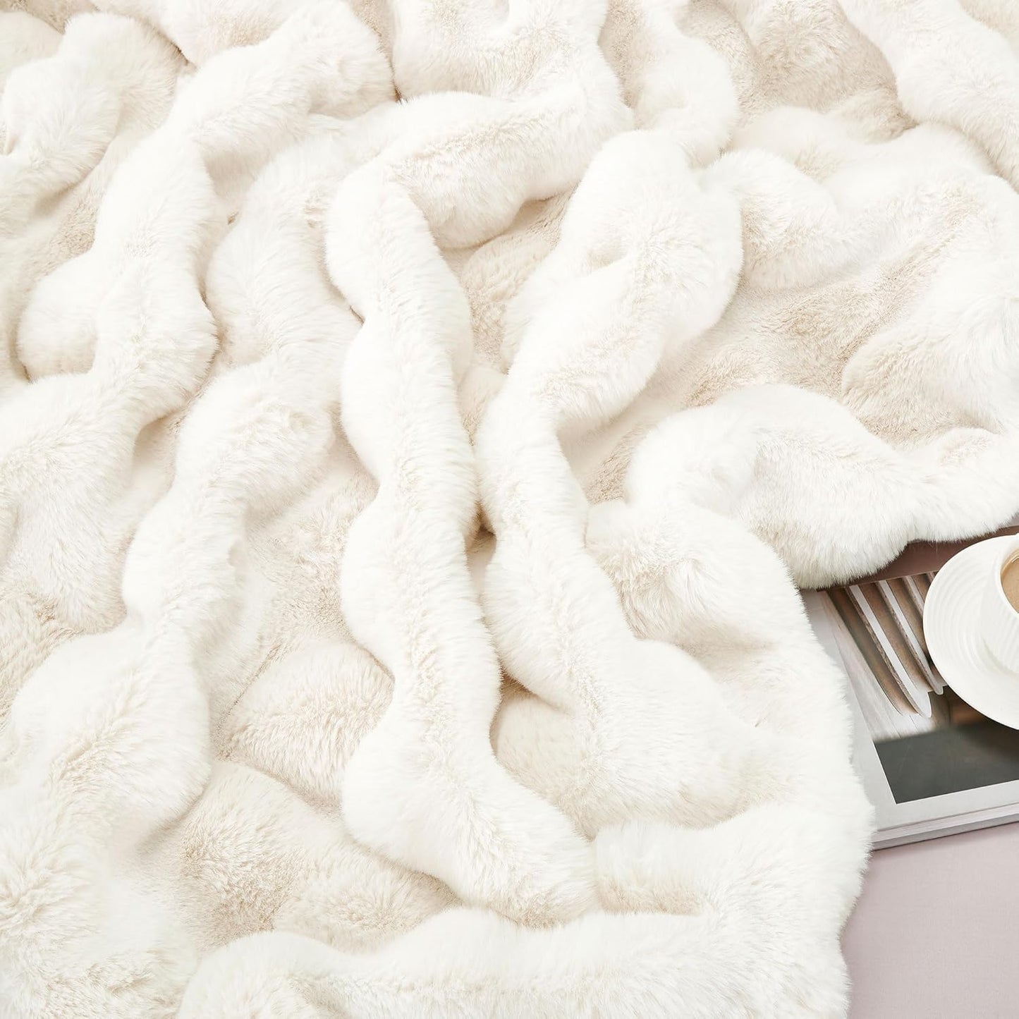 DREAMNINE Decorative Soft Bubble Fuzzy Faux Rabbit Fur Throw Blanket for Couch 50" x 60",Reversible Thick Plush Warm Fluffy Blankets for Winter, Luxury Cute Cozy Comfy Shaggy Furry Blanket,Cream White