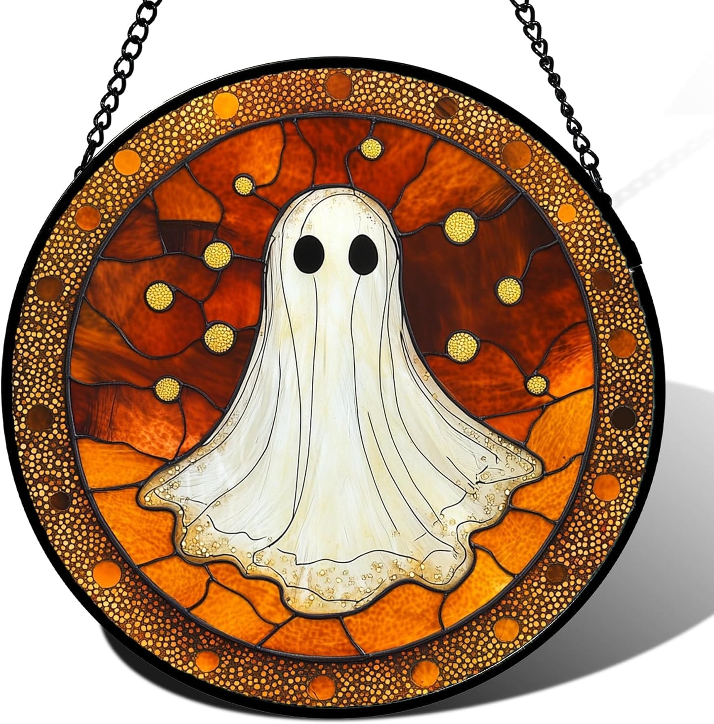 Stained Glass Window Hanging - Halloween Decorations White Ghost Suncatcher for Doors Garden Indoor Spooky Funny Orange Sun Catchers Gothic Decor Horror Gifts for Women Men Friend 7.8 in