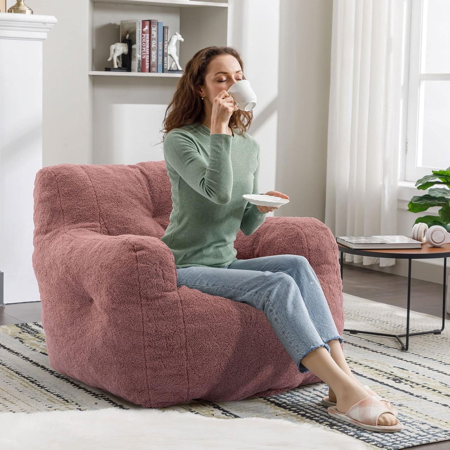 Recaceik Large Bean Bag Chairs, Tufted Soft Stuffed Bean Bag Chair with Filler, Fluffy Lazy Sofa, Imperial Lounger Giant Bean Bag Chair for Bedroom, Living Room, Rufous