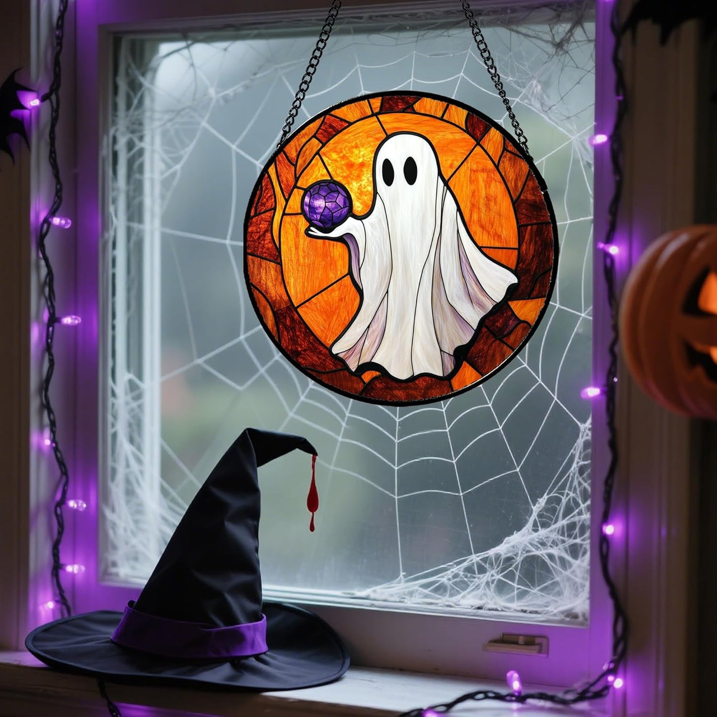 Stained Glass Window Hanging - Halloween Decorations Ghosts Vampire Suncatcher for Doors Garden Indoor Funny Spooky Sun Catchers Gothic Decor Horror Gifts for Women Men Friend 11.8 in