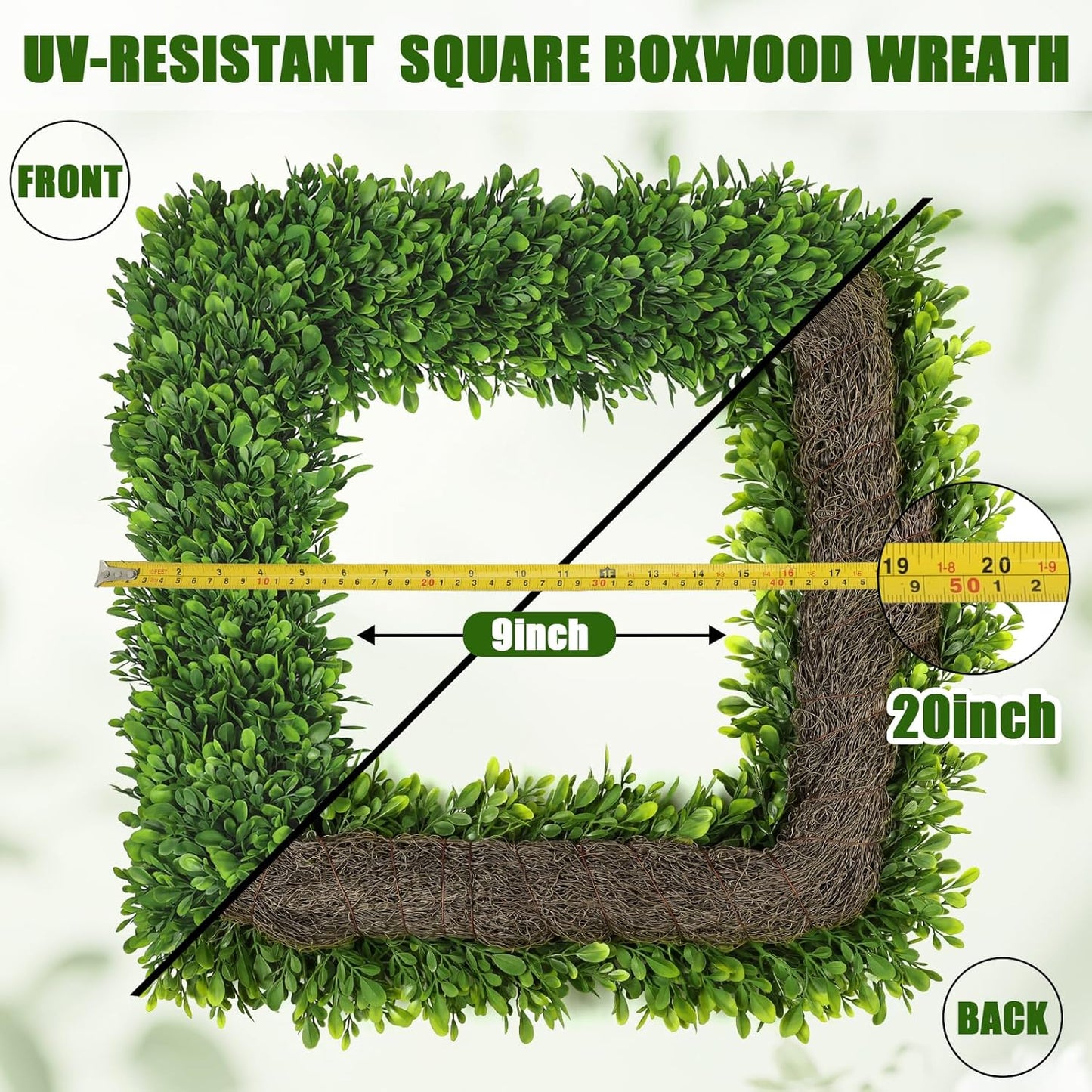 Artgar 20Inch Boxwood Wreath, Spring Wreaths for Front Door, Realistic Green Square Boxwood Wreath for Year-Round Decor, Artificial Summer Wreaths for Wedding Farmhouse Indoor/Outdoor Porch Decor