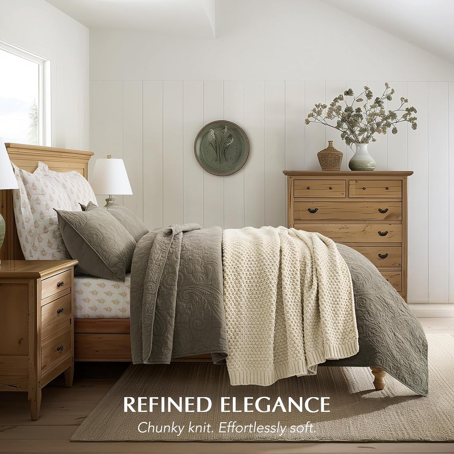 Chunky Chenille Knit Throw Blanket for Couch, Soft Luxurious Moss Stitch Blankets for Bed, Cozy Decorative Farmhouse Knitted Throws for Sofa, Beige, 50" x 60"