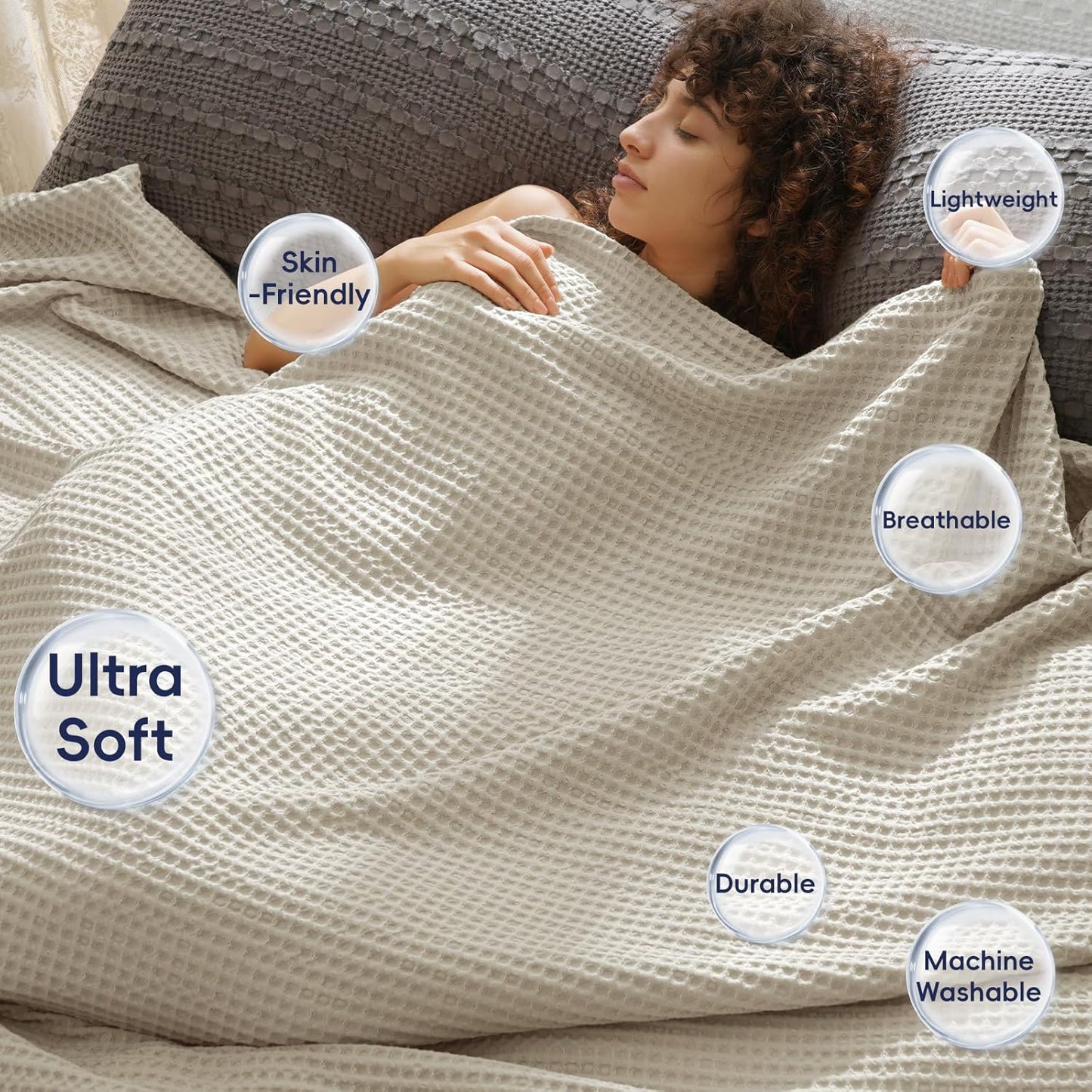 PHF Ultra Soft Waffle Weave Throw Blanket 50"x 60"- Washed Lightweight Breathable Cozy Woven Blanket for Bed - Aesthetic Decor for Couch Bedding Sofa Home Car - Light Khaki/Linen