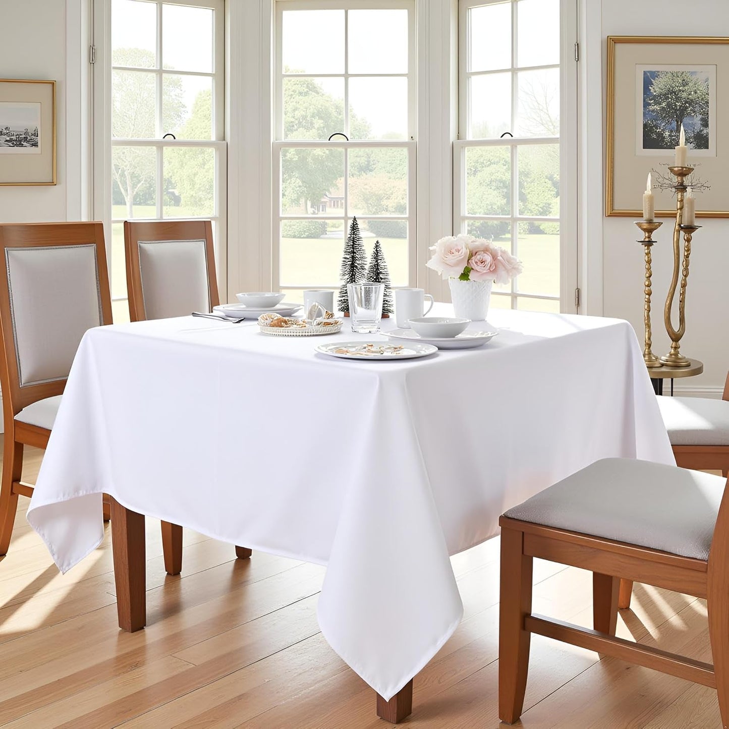 sancua Square Tablecloth - 60 x 60 Inch - Water Resistant Spill Proof Washable Polyester Table Cloth, Decorative Fabric Table Cover for Dining Tables, Buffet Parties and Camping, White