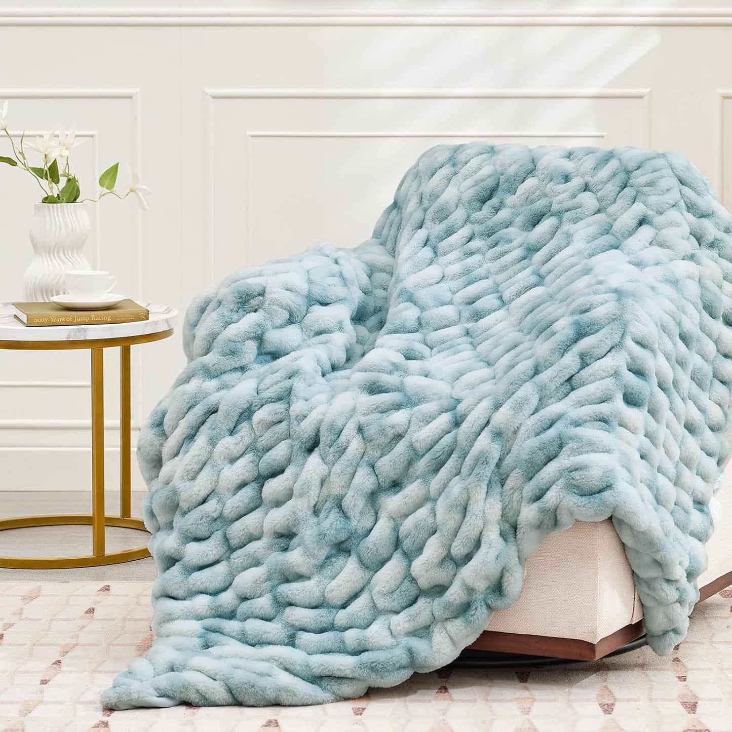 Ultra Soft Luxury Faux Fur Twin Blanket for Counch,Fuzzy Fluffy Plush Warm Cozy Elegant Wrinkled Blanket for Sofa Bedroom Living Room,（60"x80",Tie-dye Freshwater Blue）