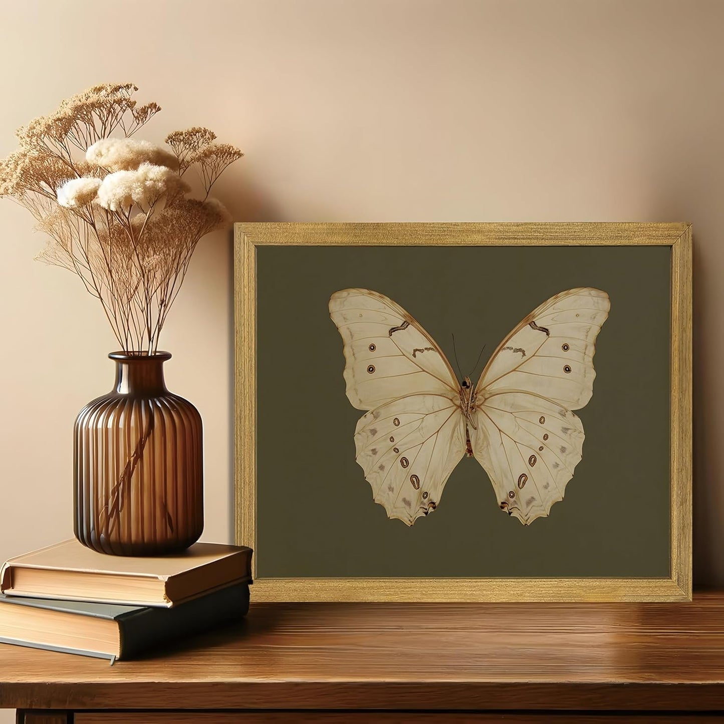 Wood Framed White Butterfly Wall Art, Vintage Butterfly Oil Paintings, Dark Moody Insect Canvas Prints, Boho Sage Green Wall Decor, for Bedroom Kitchen Bathroom Cottagecore Room Decor - 12x16 Inch
