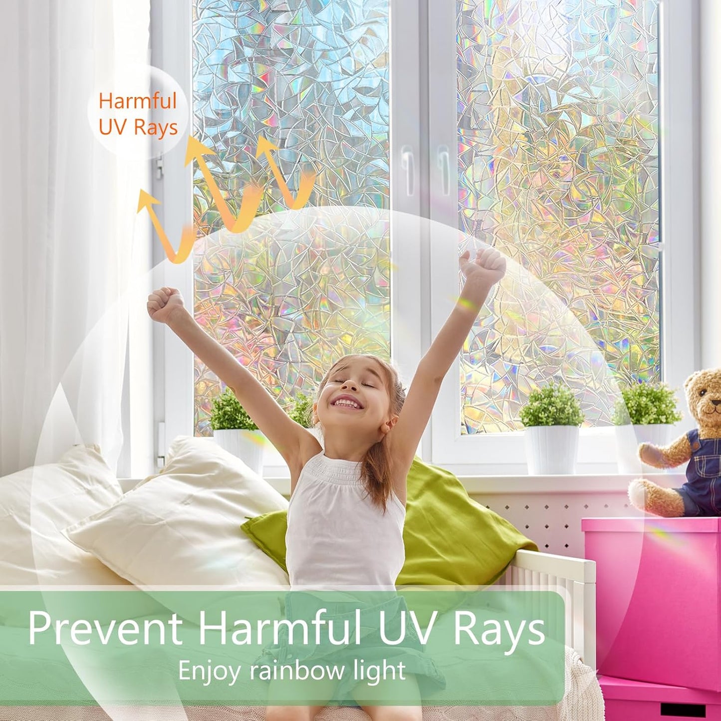 HIDBEA Window Privacy Film Static Clings, Rainbow Window Film, 3D Decals Non-Adhesive Window Vinyl Film for Home Door, 17.3 Inch x 13.1 Feet