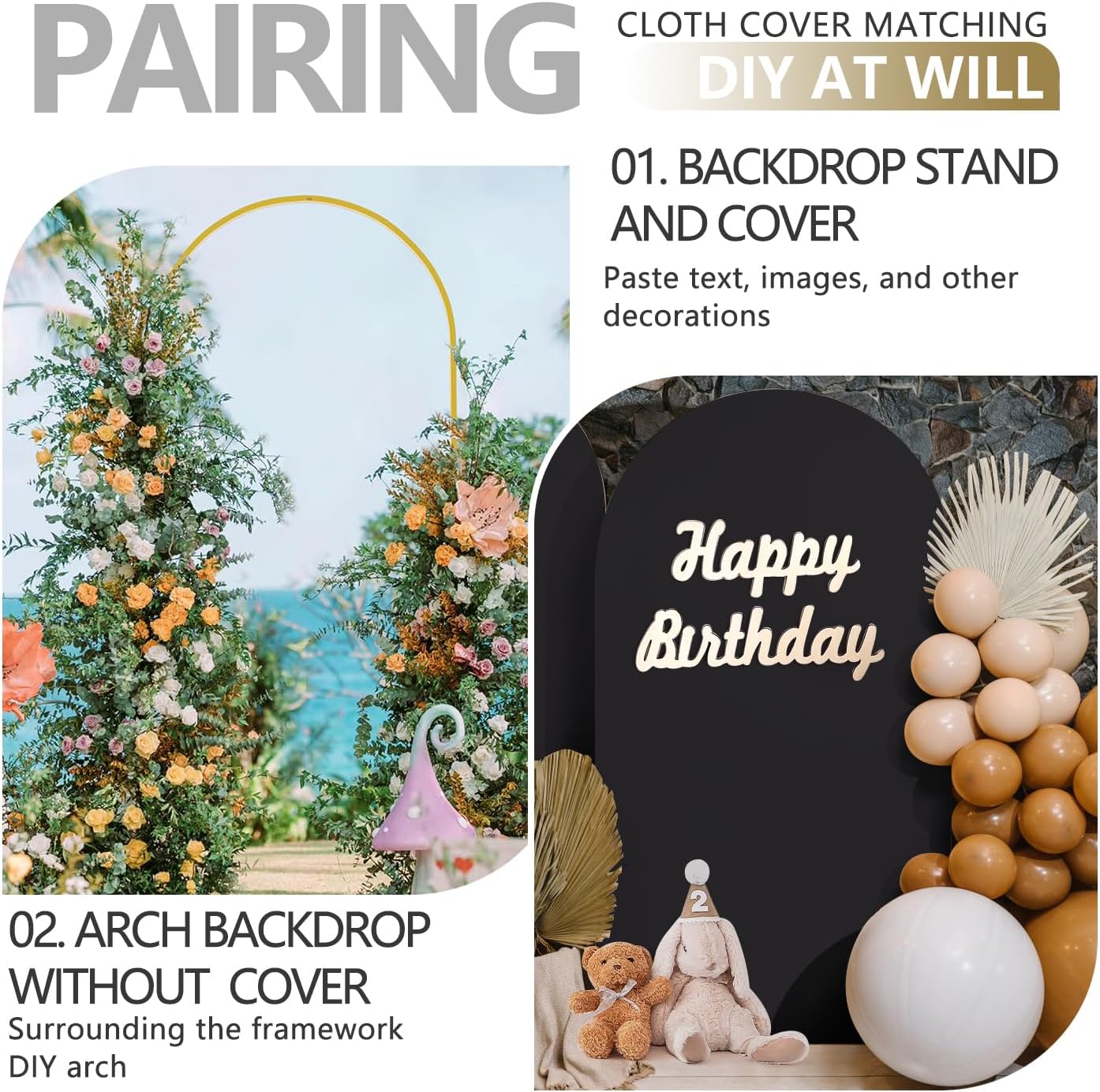 Arch Backdrop Stand and Cover Set, 3 Metal Balloon Arch Backdrop 7.2ft 6ft, Gold Arched Stand Frame for Wedding, Parties,Birthday, Backdrop Decorations (Black,7.2ft+6ft)