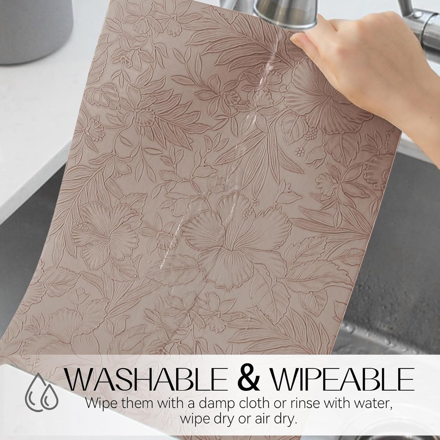 Romanstile Vinyl Placemats Set of 8-12 X 18 Inch - Heat Resistant Non-Slip Embossed Floral Place Mats 100% Waterproof Oilproof Wipeable Faux Leather Table Mats for Kitchen/Dining/Party, Khaki
