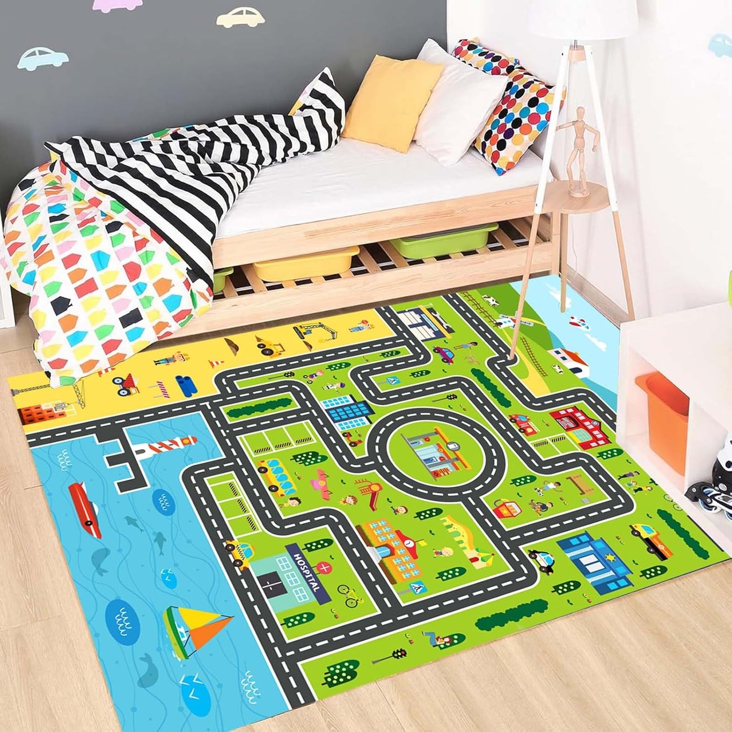 Kids Rug Playroom Car Rug Play Mat City Life Road Rugs Fun City Map for Kids Toy Cars Carpet for Bedroom Boys (Green-Rug, 3.3x4.9ft)