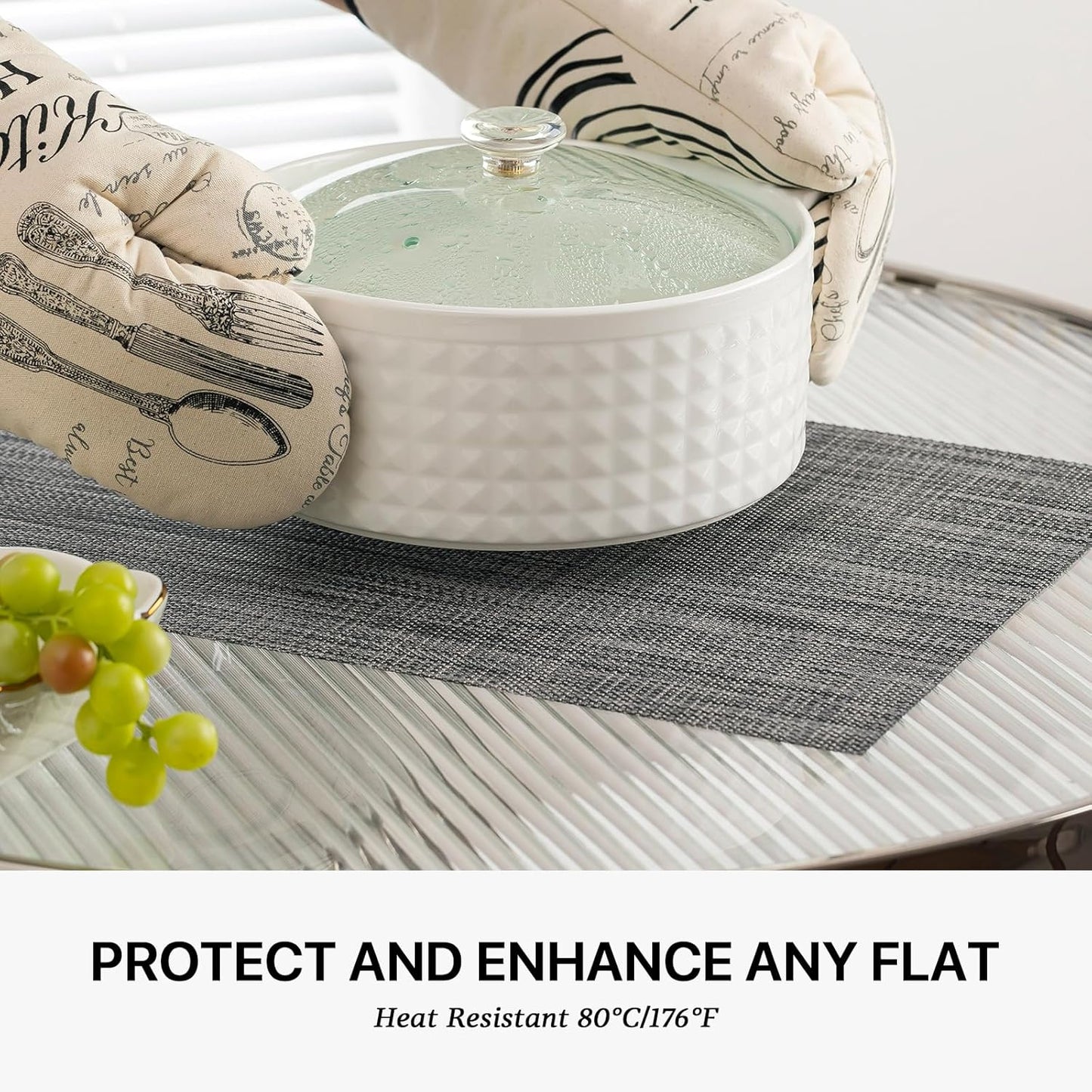 LEXMORE Placemats Set of 6 Vinyl/Plastic Woven Place Mats for Kitchen Table Indoor/Outdoor Washable Placemat Wipeable Dining Table Mats(Dark Gray)