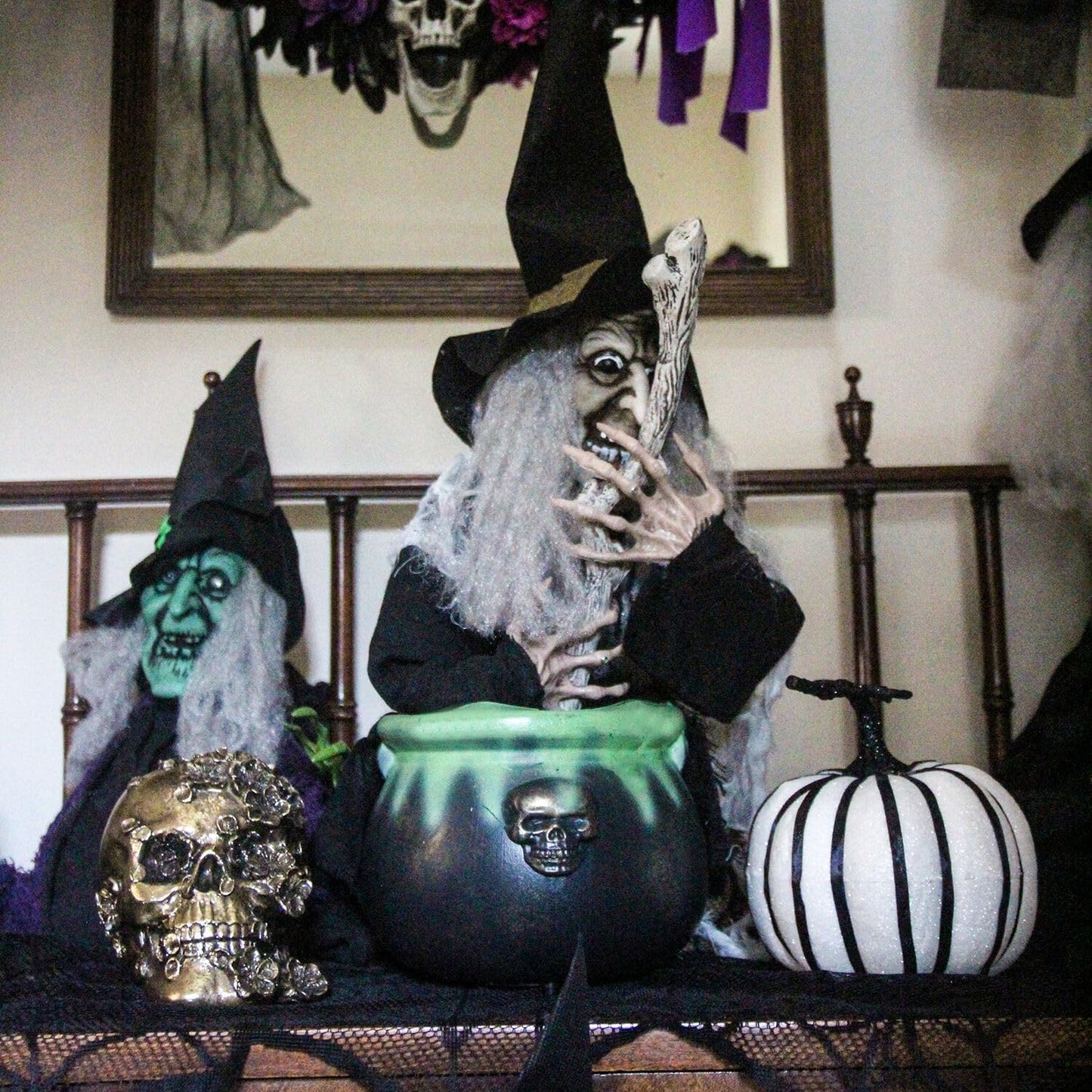 Haunted Hill Farm Scary Talking Witch with Cauldron Halloween Animatronic, Indoor or Covered Outdoor Halloween Decorations with Light up Eyes and Sound, Battery Operated Halloween Props for Home