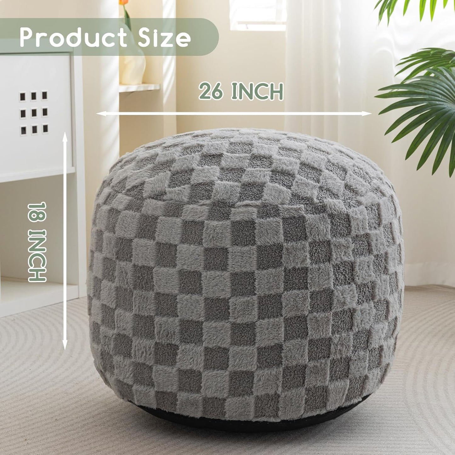 HIGOGOGO Round Stuffed Pouf Ottoman, Plaid Poufs with Foam Chunk Filling, Fluffy and Furry Pouf Foot Stool Storage Ottoman, 26 X 18 Floor Poufs Foot Rest for Living Room, Grey