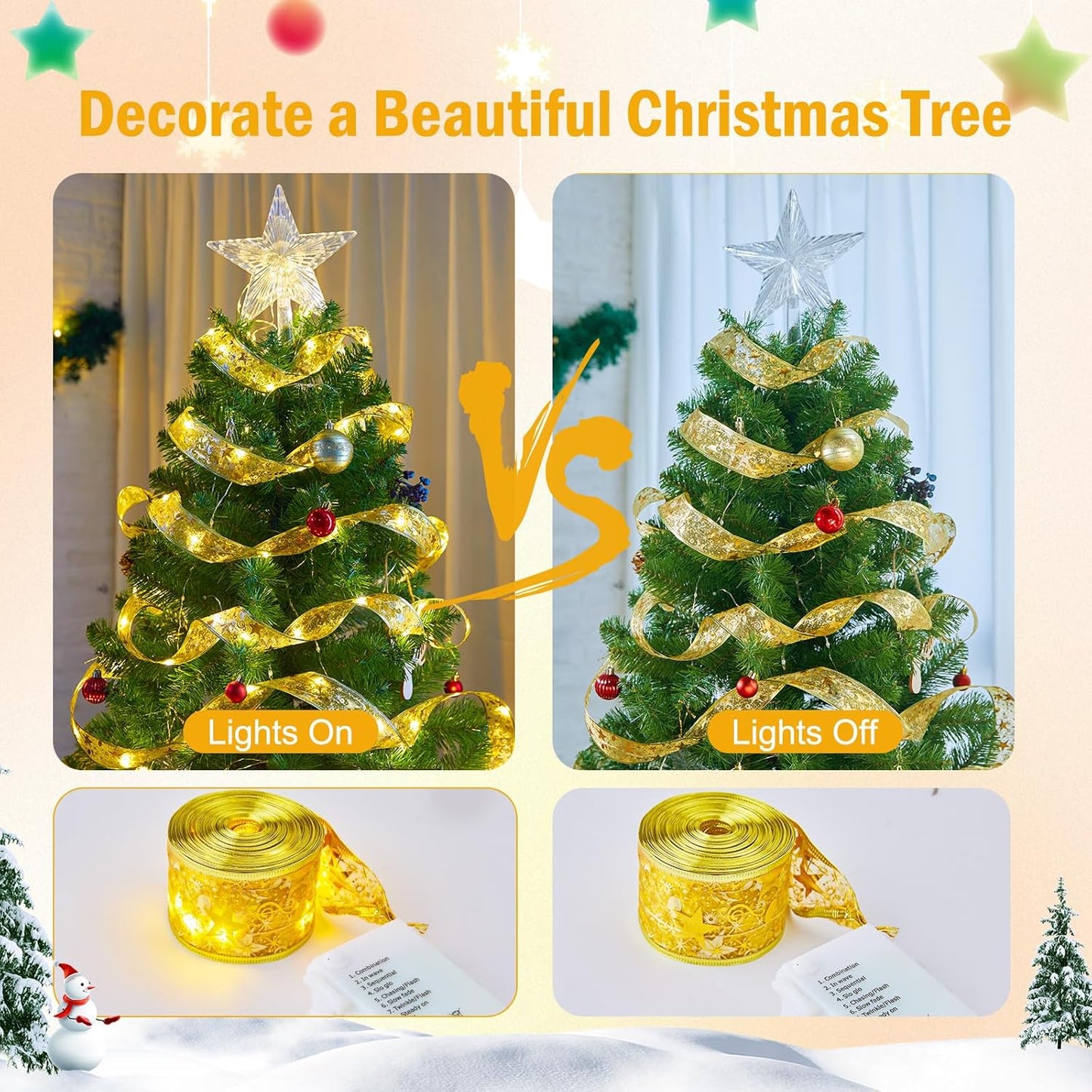 Minetom Christmas Tree Ribbon String Lights - 33ft 100 LED Battery Powered Fairy Lights with Timer