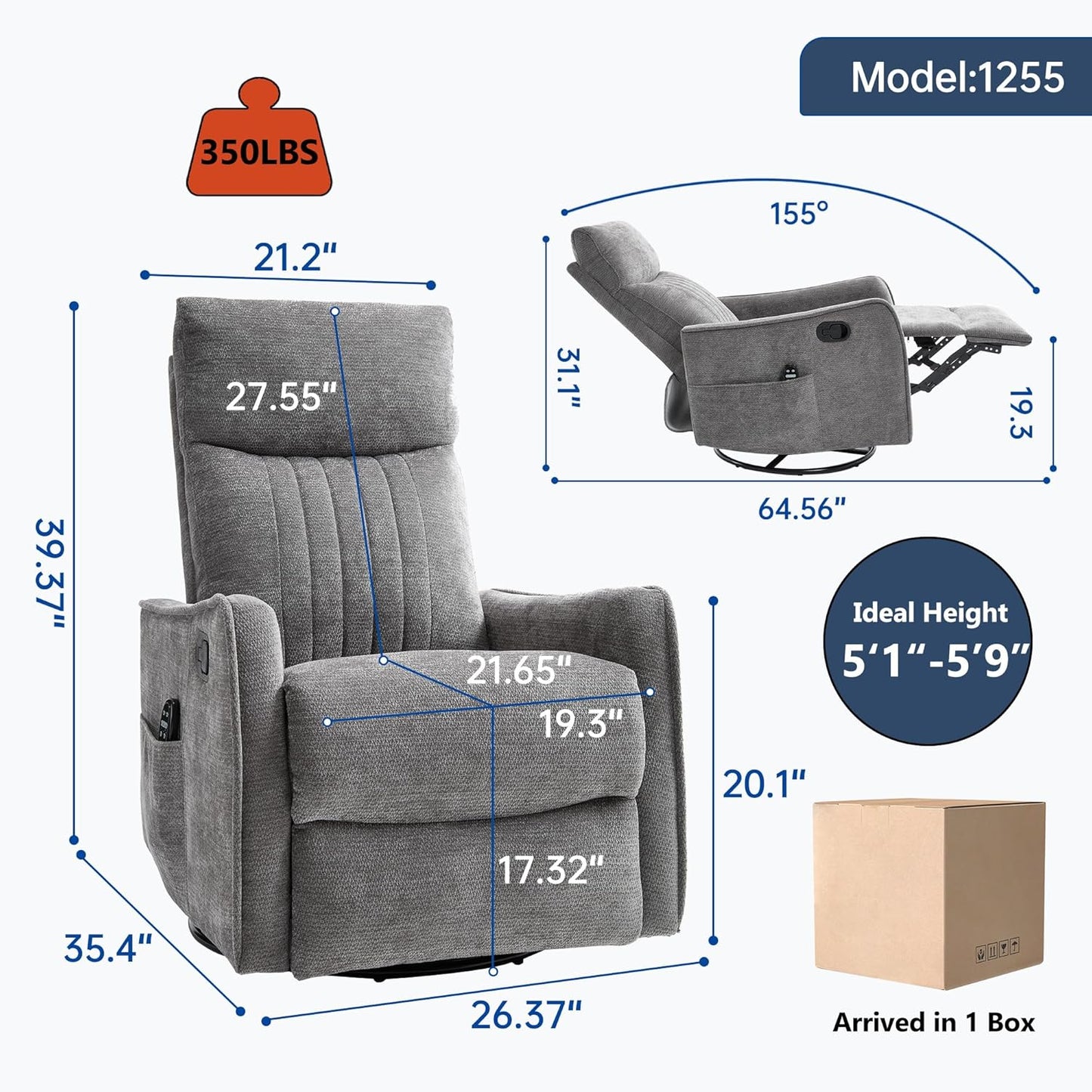 Manual Swivel Rocker Recliner Chair for Adults, Overstuffed Reclining Glider Chair for Nursing with Vibration Massage & Heat, Living Room Rocking Recliner 2-Stage backrest, Chenille Fabric Dark Gray