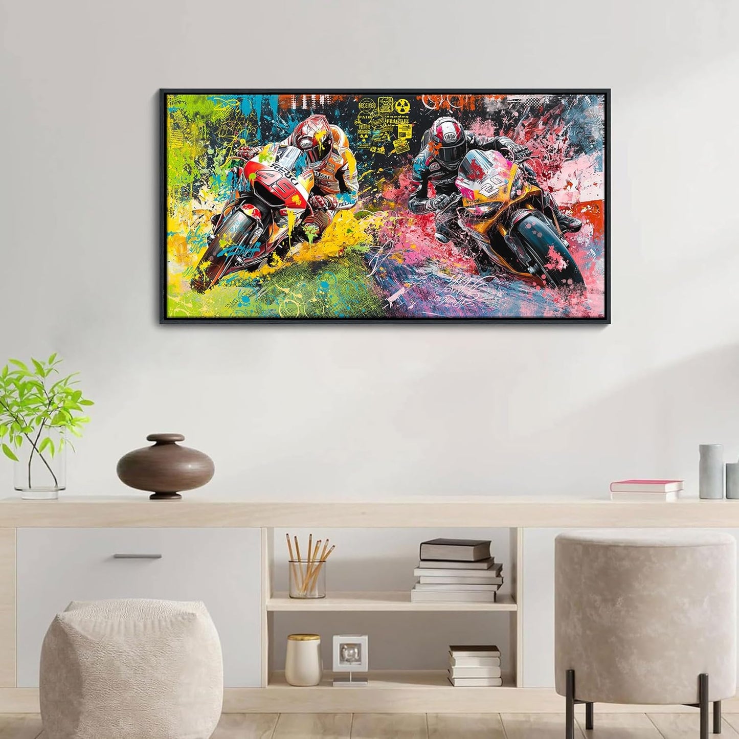 JEAWA Framed Canvas Wall Art - 20x40 In Abstract Painting Decor, Motorcycle Racing Color Graffiti Pictures, Modern Art Prints for Bedroom Living Room Bathroom Home Decoration