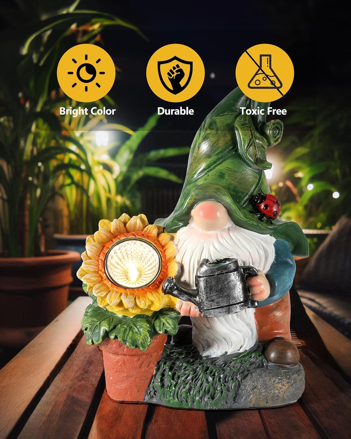 Solar-Powered Large Garden Gnome Watering Can Sunflower - 12 in Garden Decor Gnomes Decorations for Yard Lawn Ornaments Outside Statue Figurine LED Lights (Gnome)