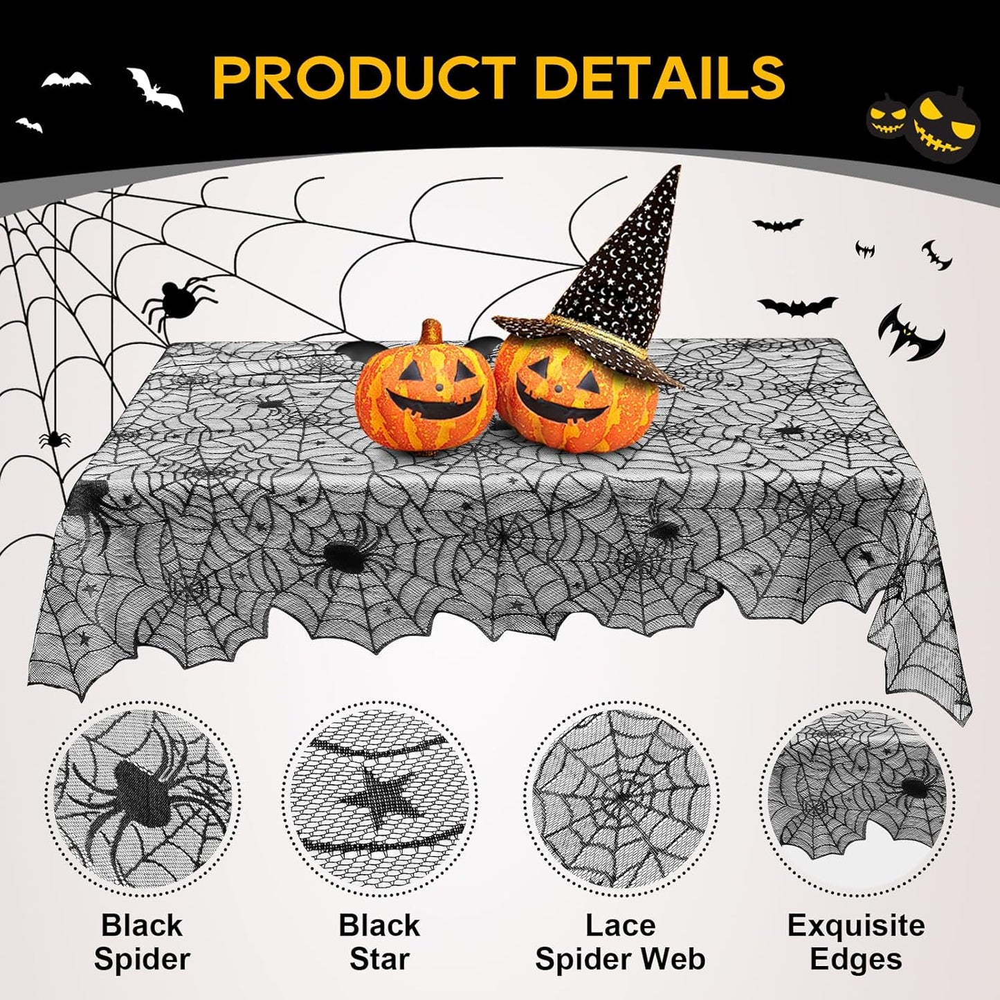 eZAKKA Halloween Table Cloth, 54" x 72" Spider Webs Tablecloths Black Tablecloth Lace Fabric Table Cloths Spooky Cover