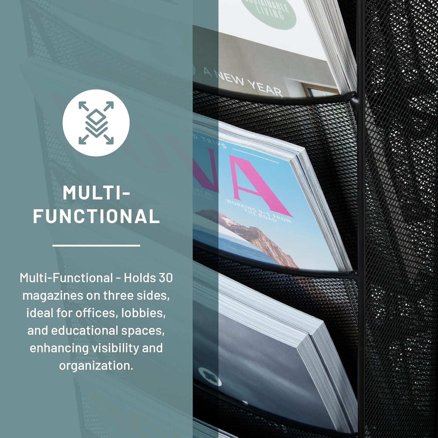 Safco Onyx Rotating Mesh Magazine Holder, Display Rack with 30 Pockets, Brochure Organizer, Commercial-Grade Steel Construction, Black