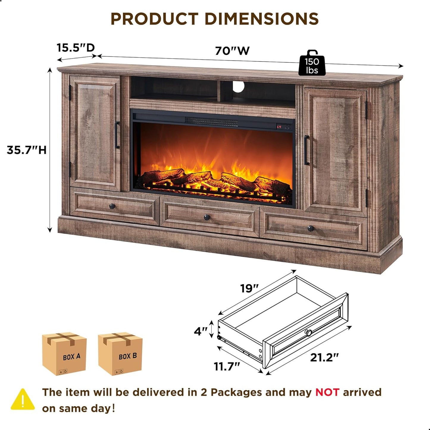Fireplace TV Stand for 80 Inch TV, 35.7" Tall Farmhouse Entertainment Center W/36'' Electric Fireplace, Media Console with Large Storage Cabinets and Drawers for Living Room, Light Brown