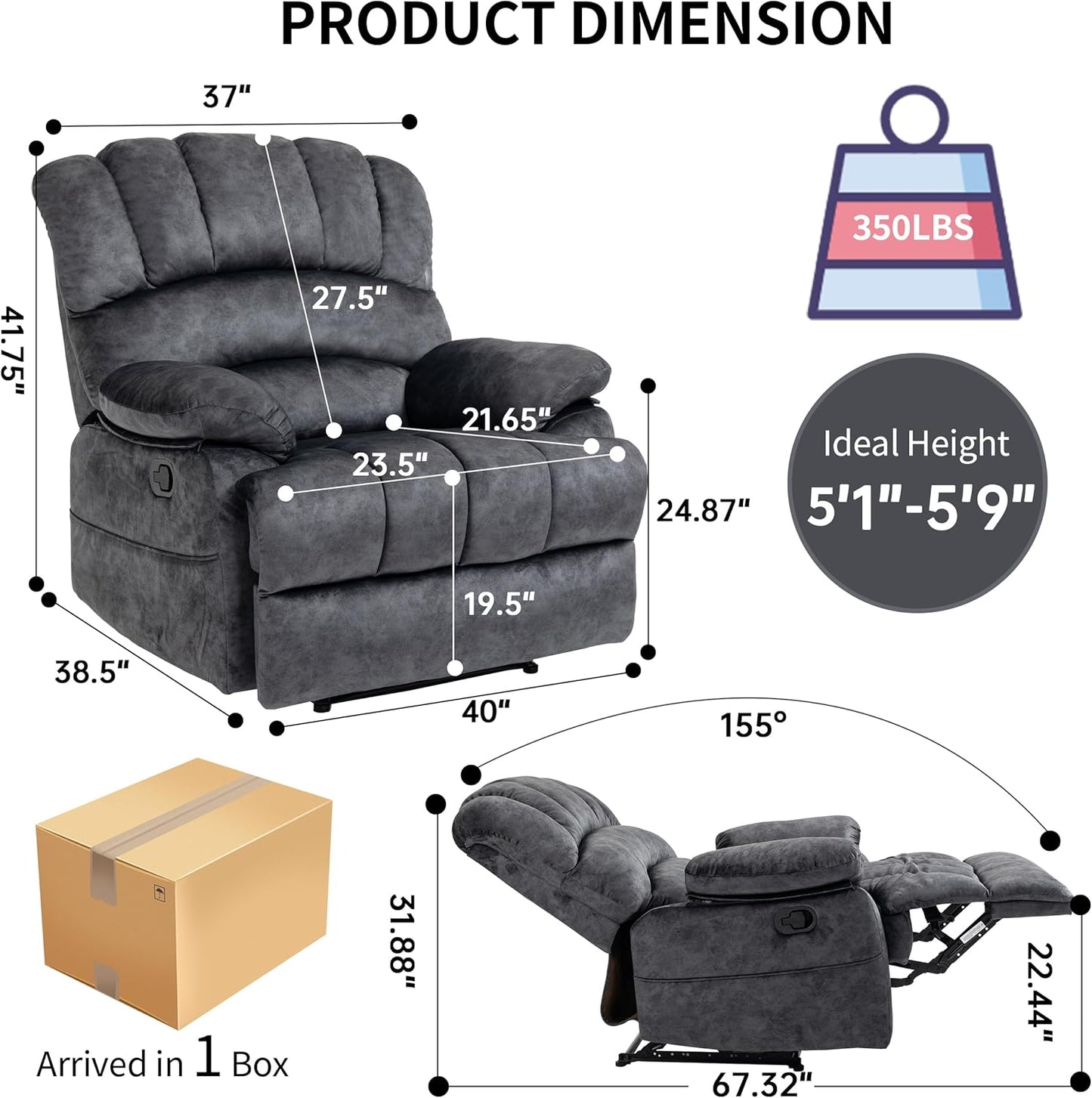 Luxlen Large Manual Recliner Chair,Soft Fabric Push Back Recliner with Overstuffed Armrest and Backrest, Living Room Single Sofa Recliners,Grey