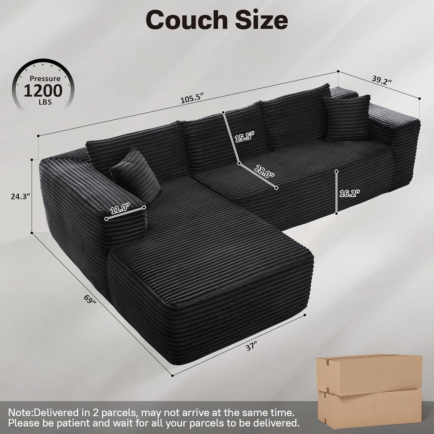 104" Cloudy Sectional L Shaped Couch for Living Room, No Assembly Required, Modular Comfy Sofa with Deep Seat, Fluffy Couch with Sleeper Chaise for Apartment Lounge (Black)