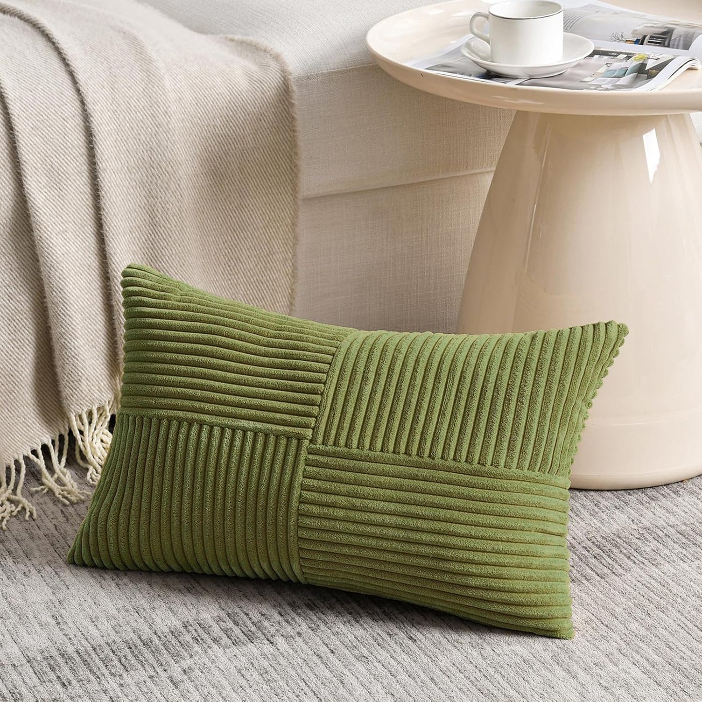 Fancy Homi 2 Packs Moss Green Lumbar Decorative Throw Pillow Covers 12x20 Inch for Living Room Couch Bed, Rustic Farmhouse Boho Home Decor, Soft Striped Corduroy Rectangle Accent Cushion Case 30x50 cm