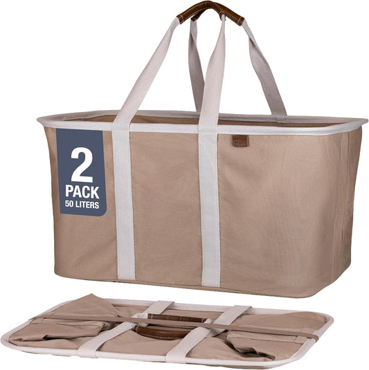 CleverMade Collapsible Laundry Tote - LUXE Mocha 2-Pack 50L - Foldable Storage Organization Container for Clothes Laundry Room Storage Solution