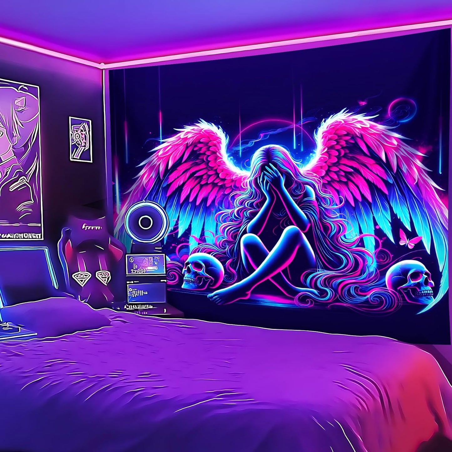 Blacklight Tapestry,WingTapestry Glow In The Dark,UV Reactive Black Light Upright Posters Wall Hanging for Bedroom Dorm Living Room Backdrop Decor (wing1, 59L" x 51W")
