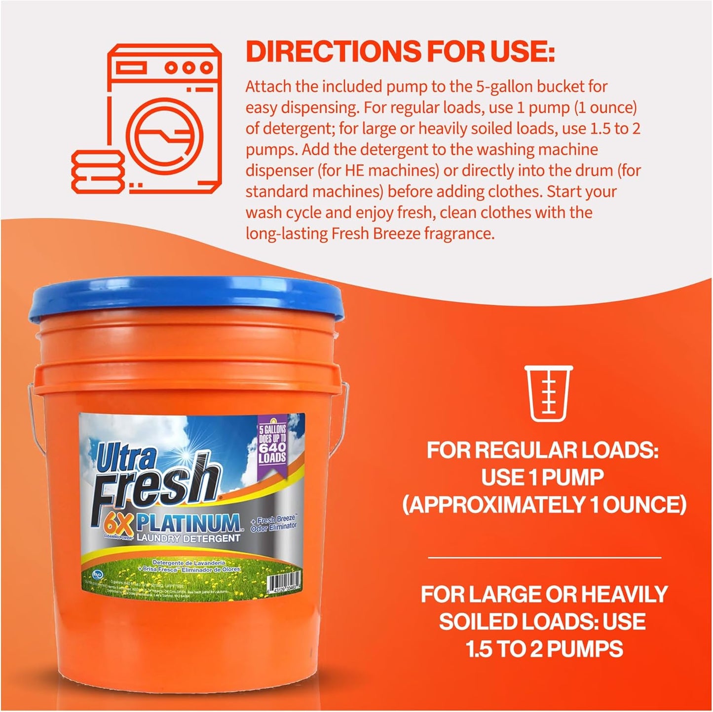 Ultra Fresh 5 Gallon Liquid Laundry Detergent Washing Soap for All Machine Types, 6X Platinum, Up to 640 Loads, Fresh Breeze