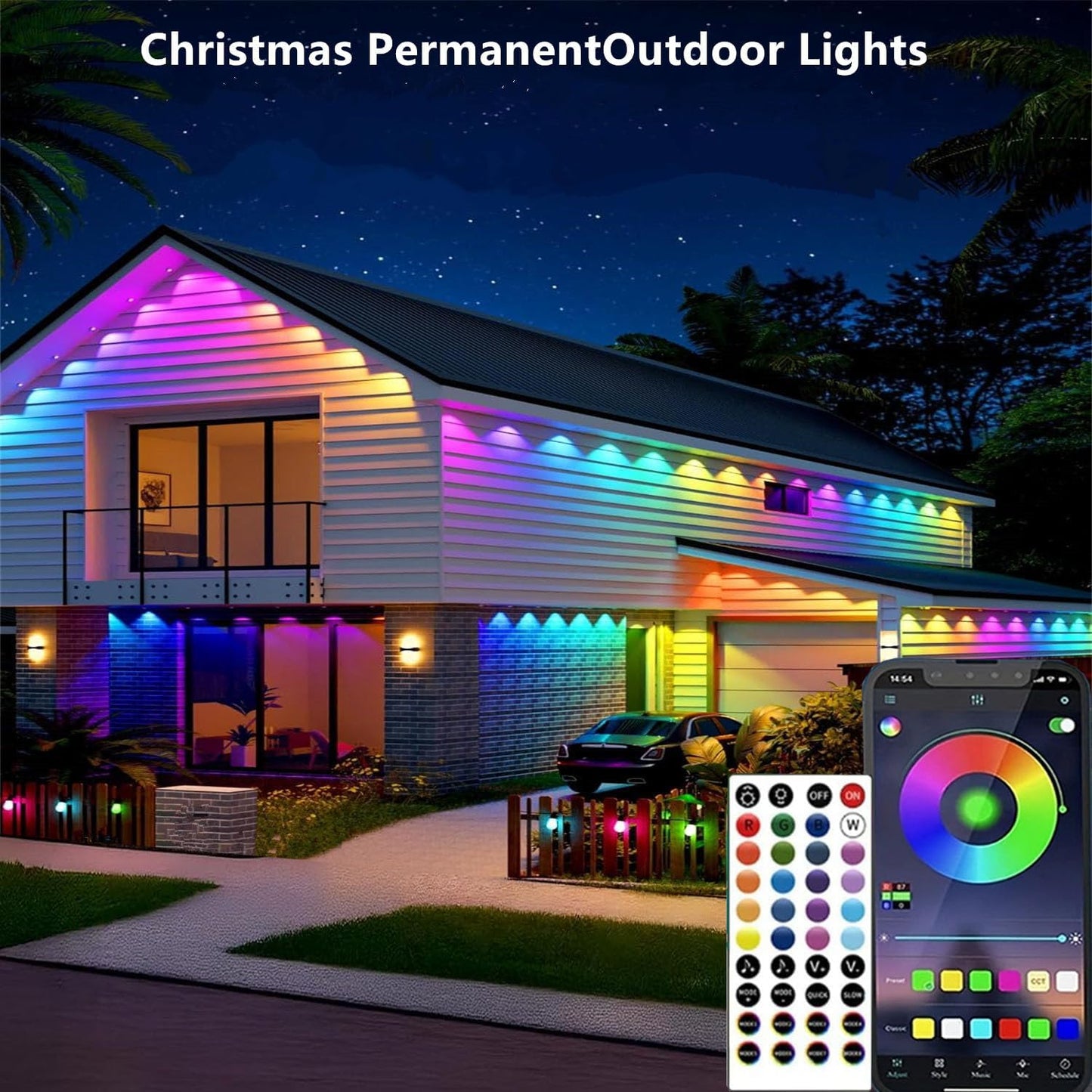 Permanent Outdoor Lights,150ft RGB + IC Smart LED Eaves Lights with App & Remote Control, IP67 Waterproof,for Christmas and All Holiday Decor,Daily and Accent Lighting,House Roof and Garden Lighting