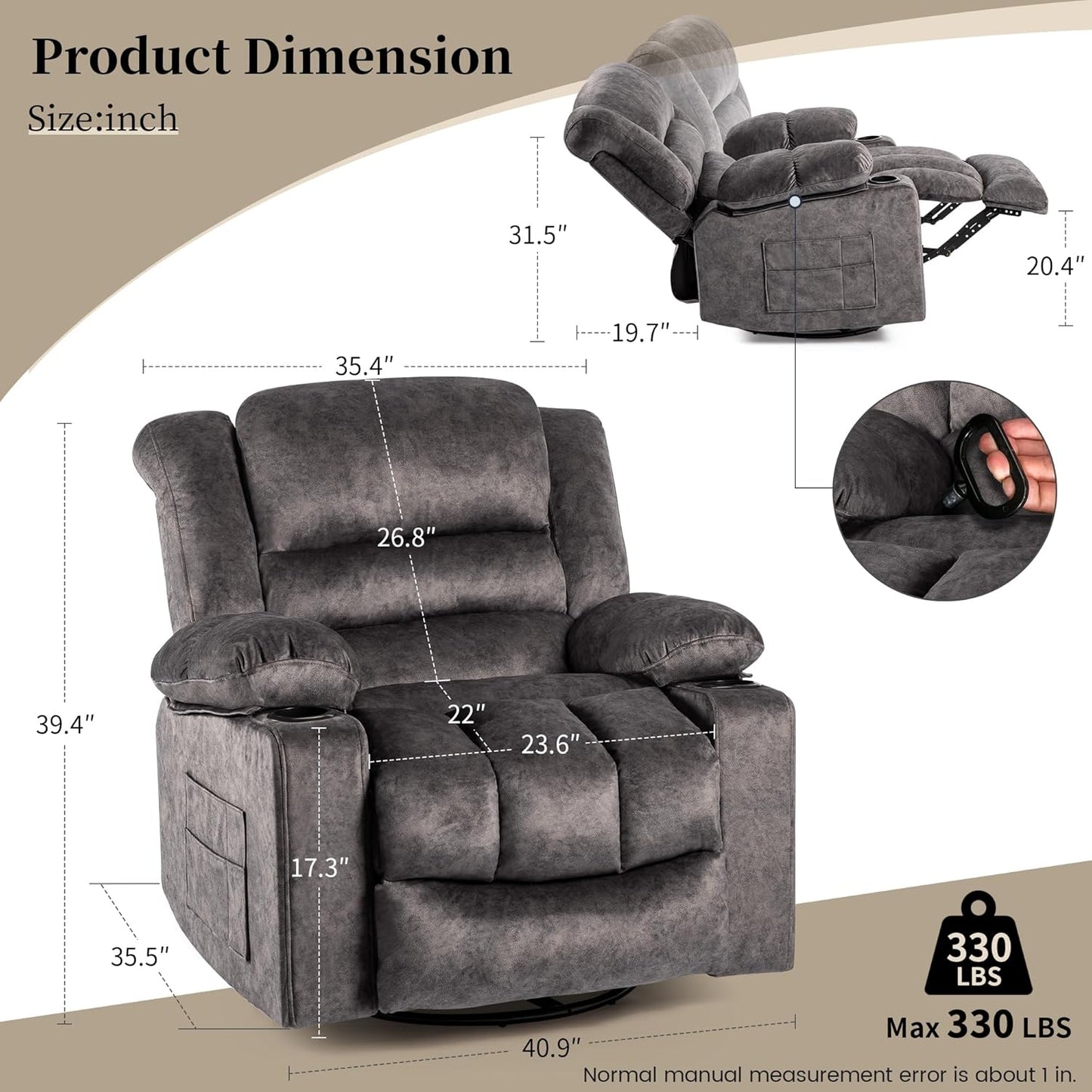 Recliner Chair Rocker Modern Ergonomic Lounge 360 Degree Swivel Single Sofa Seat Living Room Lounge Recliners on Clearance Foam Filling