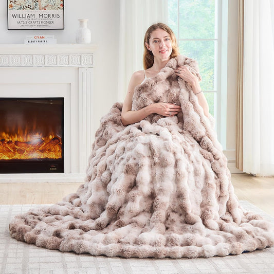 Lotus Karen Faux Fur Throw Blanket Tie-Dye Beige - Big Bubble Rabbit Fluff Blanket for Couch, Small Fluffy Fuzzy Cozy Blankets,Thick Furry Plush Shaggy Blankets,60x80 Inches