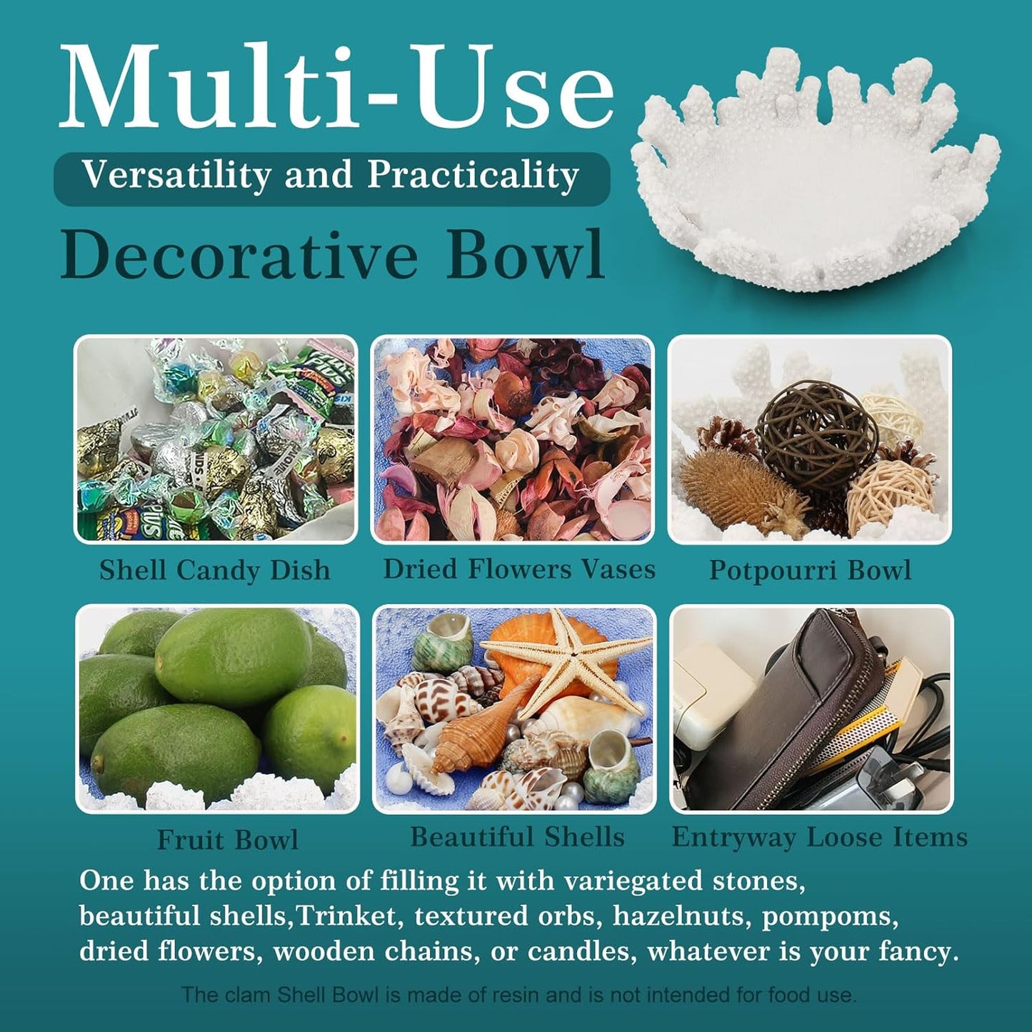 Accessoryway White Coral Textured Decorative Bowl,9.45" Medium Resin Decorative Centerpiece Bowl for Coastal Beach theme house table centerpiece decorations & Nautical decorations for coffee table