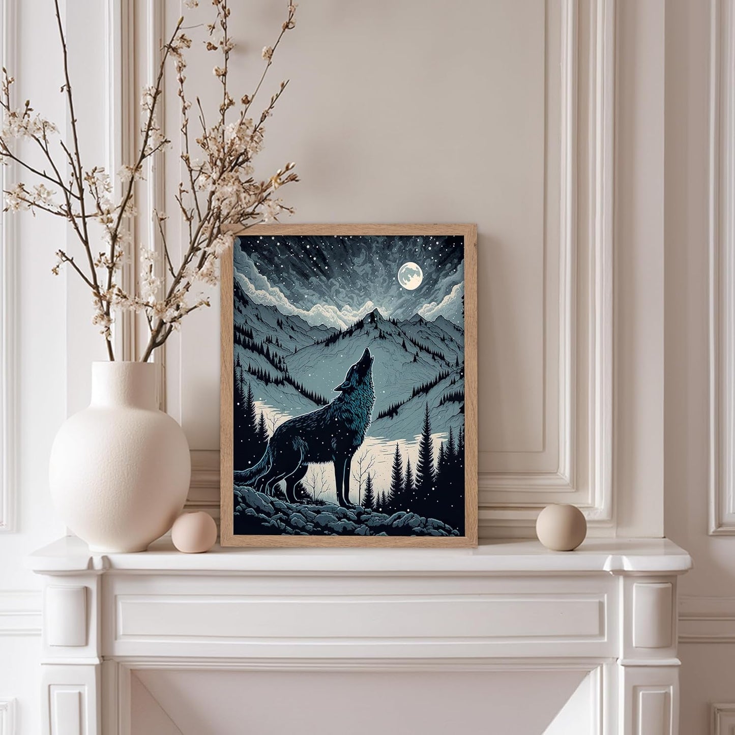 Poster Master Vintage Illustration Poster - Retro Animal Print - Gift for Artist, Friend - Wolf Howling at the Moon, Mountain, Snow, Landscape - Wall Decor for Home, Office, 8x10 Beige Framed