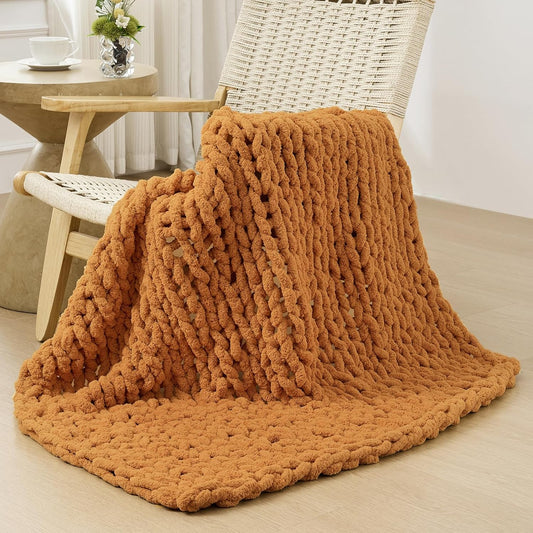 Bigacogo Chunky Knit Throw Blanket for Couch, 40x40 inches, 100% Hand Knitted with Thick Jumbo Chenille Yarn, Cozy Soft Large Rope Knot Cable Crochet Blankets for Sofa Bed Living Room, Burnt Orange