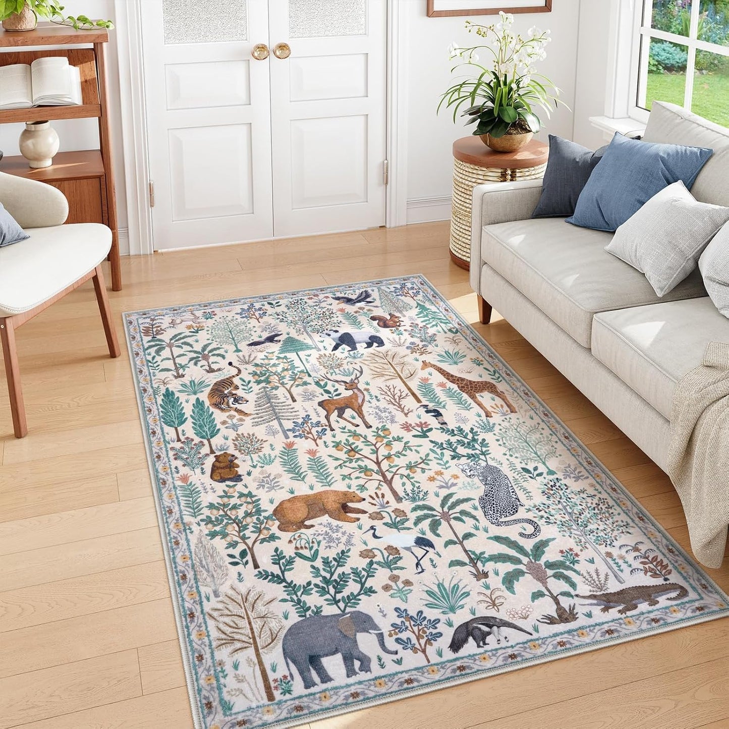 OJIA Jungle Print Washable Area Rugs 5x7, Soft Modern Rugs for Living Room Ultra-Thin Non-Shedding Bedroom Rug, Stain Resistant Neutral Area Rug Large Carpet for Dining Room Kids Nursery Playroom