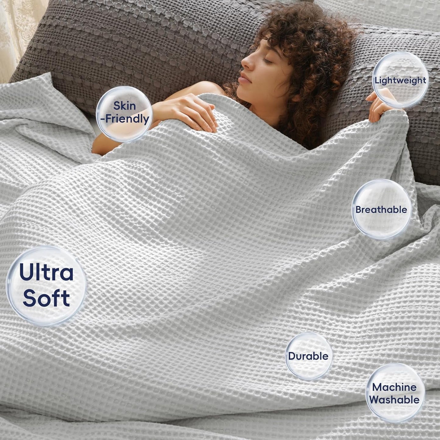 PHF Ultra Soft Waffle Weave Blanket Twin Size 66"x 90"- Washed Lightweight Breathable Cozy Woven Blanket for Bed - Aesthetic Decor for Couch Bedding Sofa Home Car - Light Grey