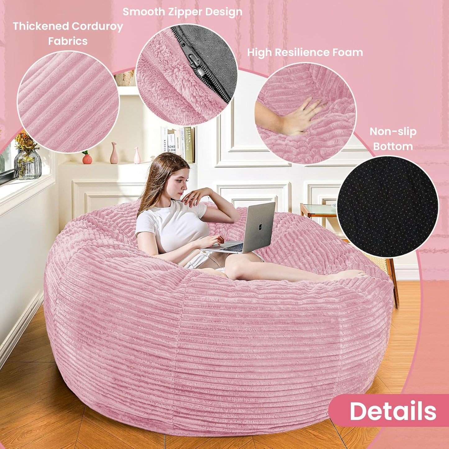 Large Bean Bag Chair, 5FT Giant Beanbag Chairs with Memory Foam Filled, Bean Bag Chairs for Adults, Ultra Soft Lazy Sofa for Living Room Bedroom (Pink)