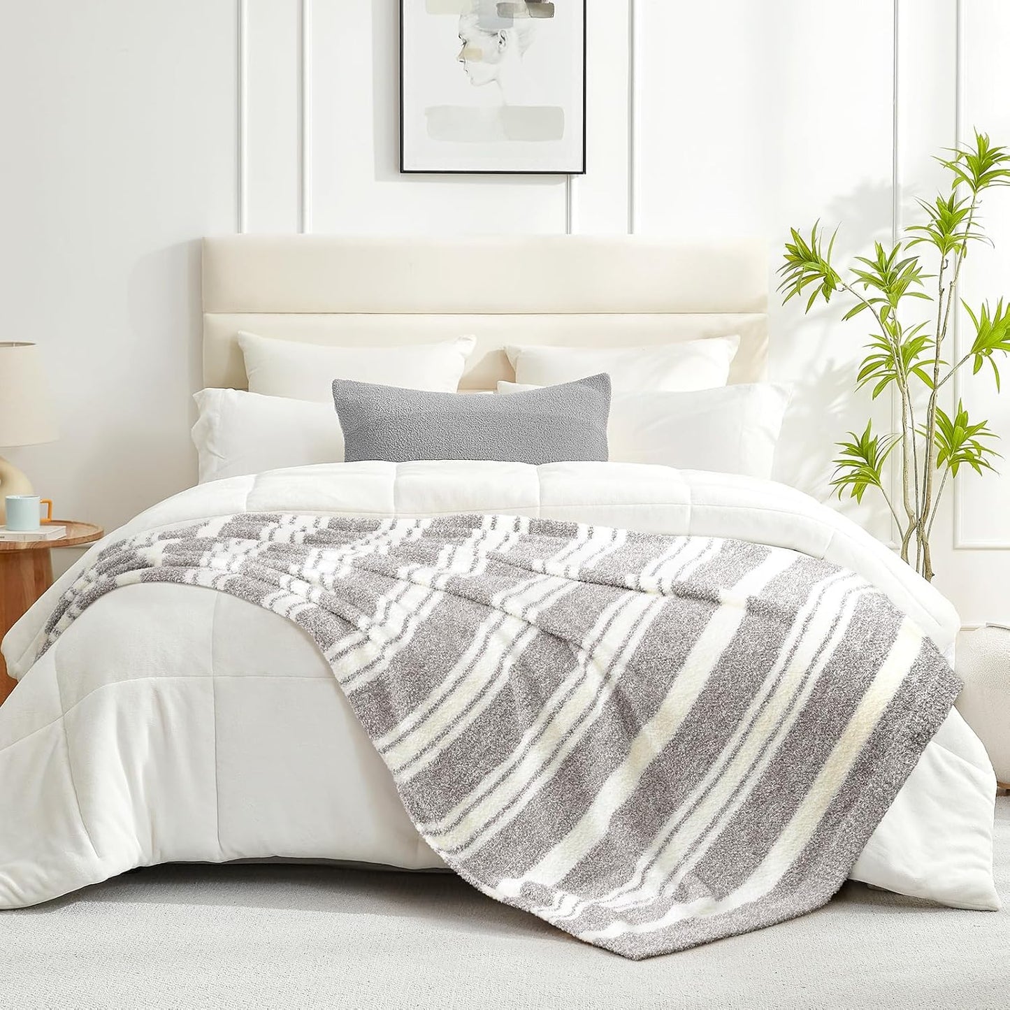 Snuggle Sac Twin Size Bedding Blankets Luxurious Microfiber, Reversible Super Soft Warm Cozy Blankets Fuzzy Plush Blanket for Bed,Couch,Sofa,Living Room, Grey Stripe,60x80 inches